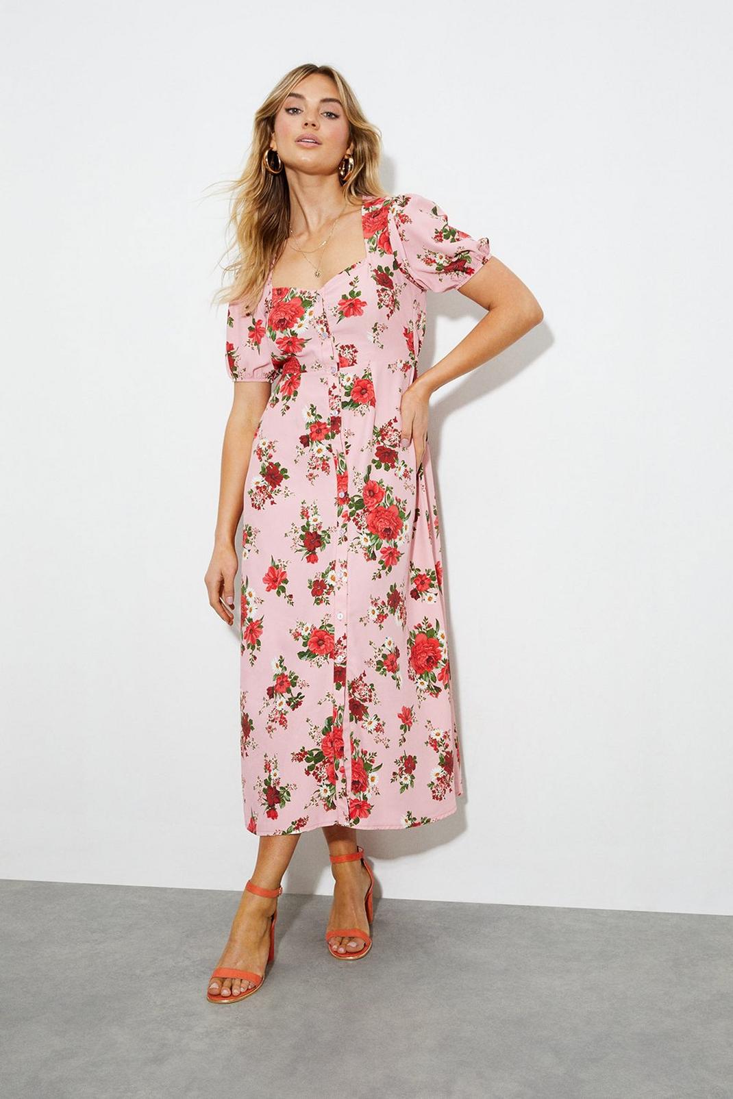 Pink Tall Kitty Floral Button Through Midi Dress image number 1