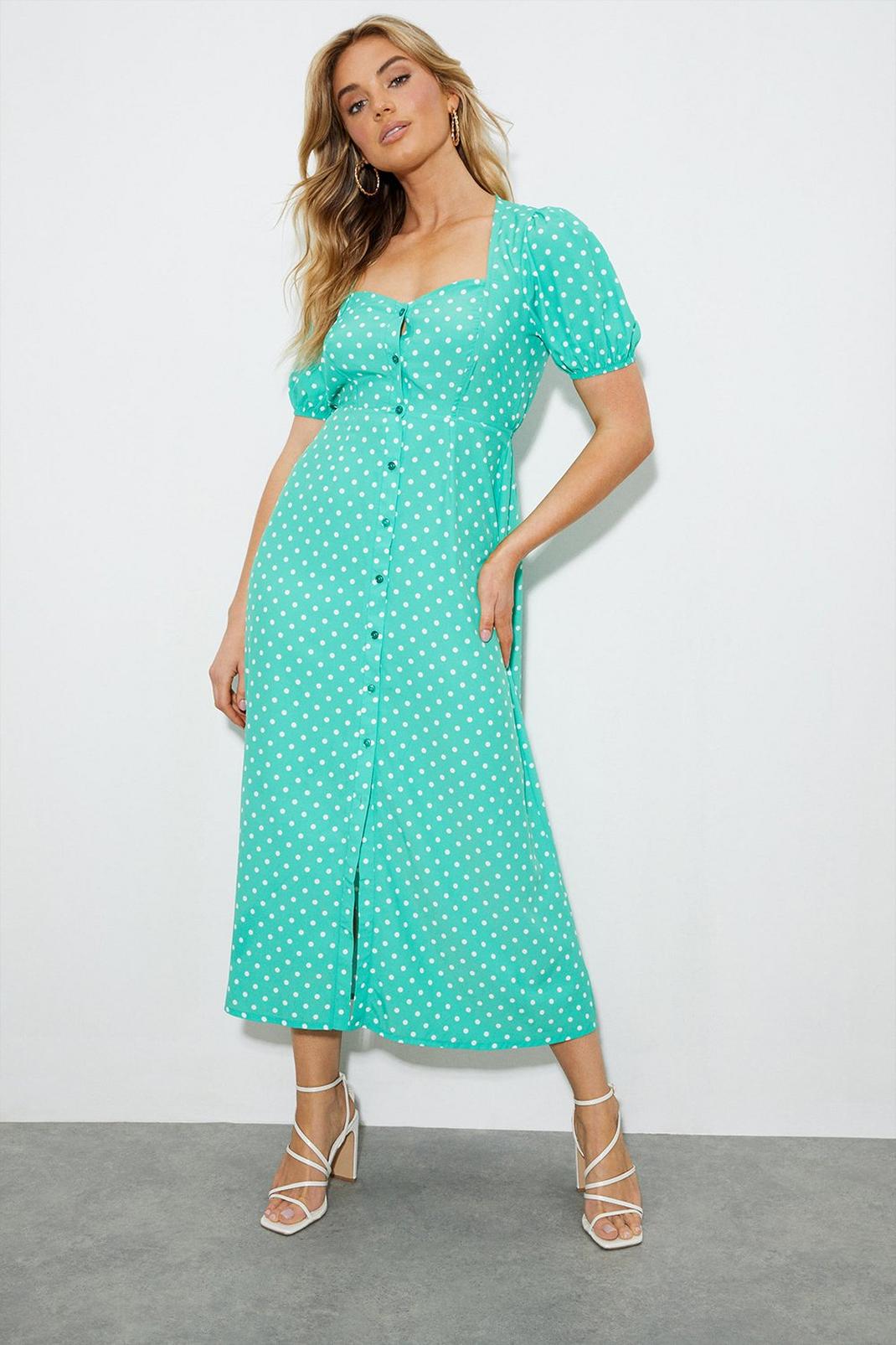 Tall Kitty Green Spot Button Through Midi Dress image number 1