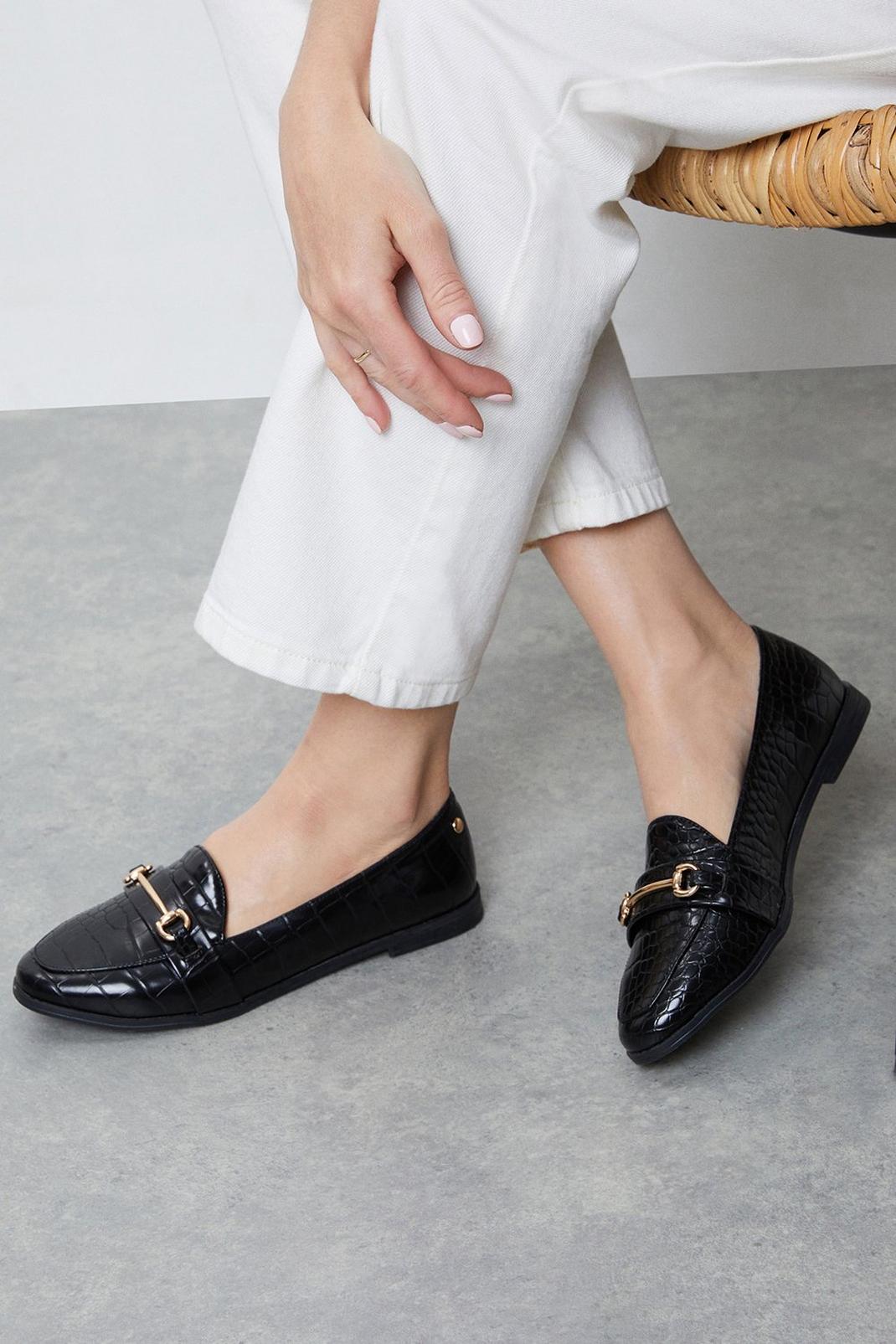Black croc Wide Fit Lucy Snaffle Chain Loafers image number 1