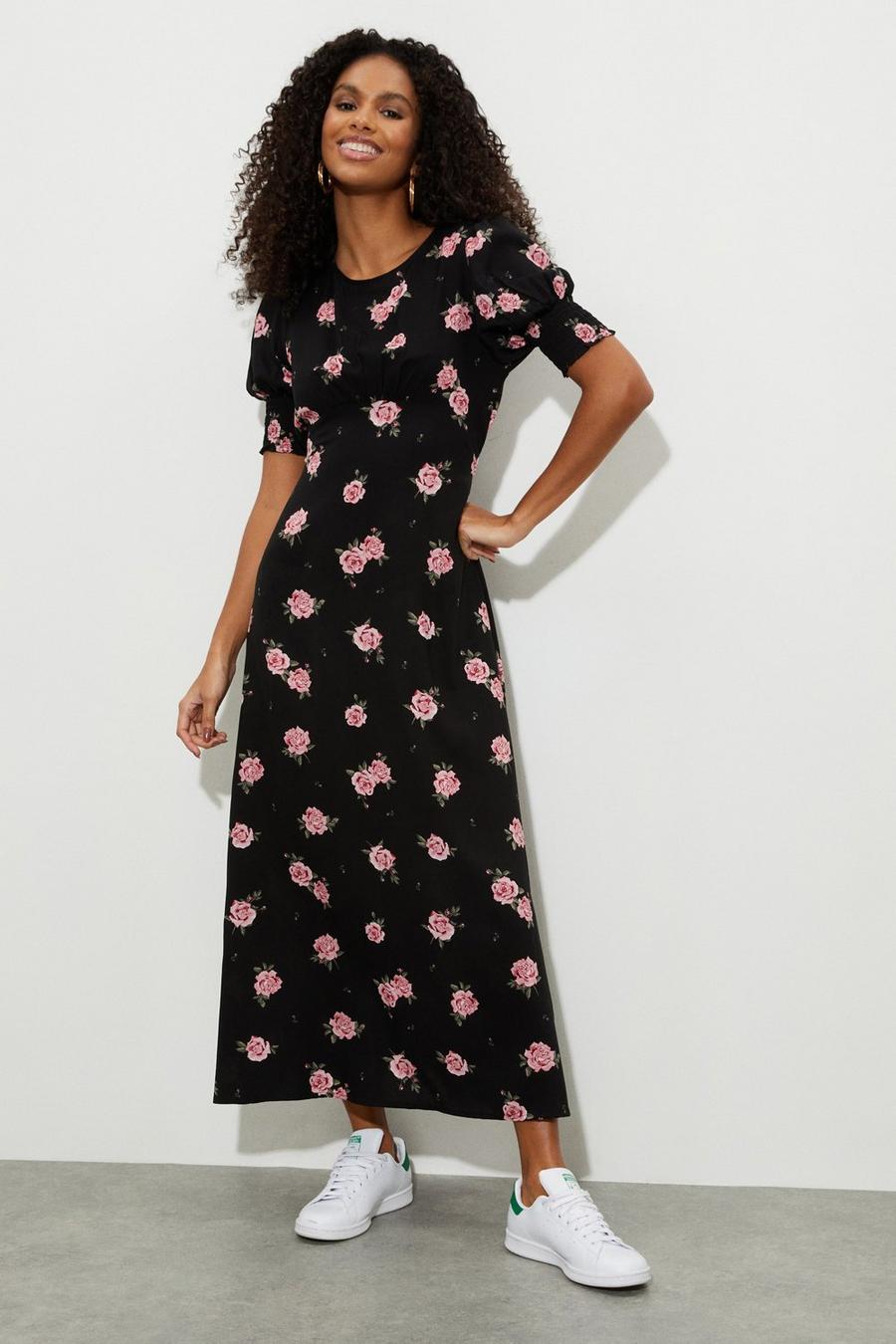 Rose Print Shirred Cuff Midi Dress