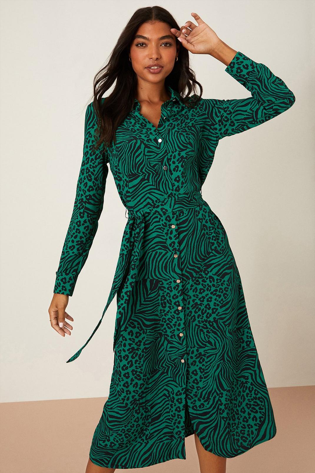 Green Animal Print Midi Shirt Dress | Dorothy Perkins UK
