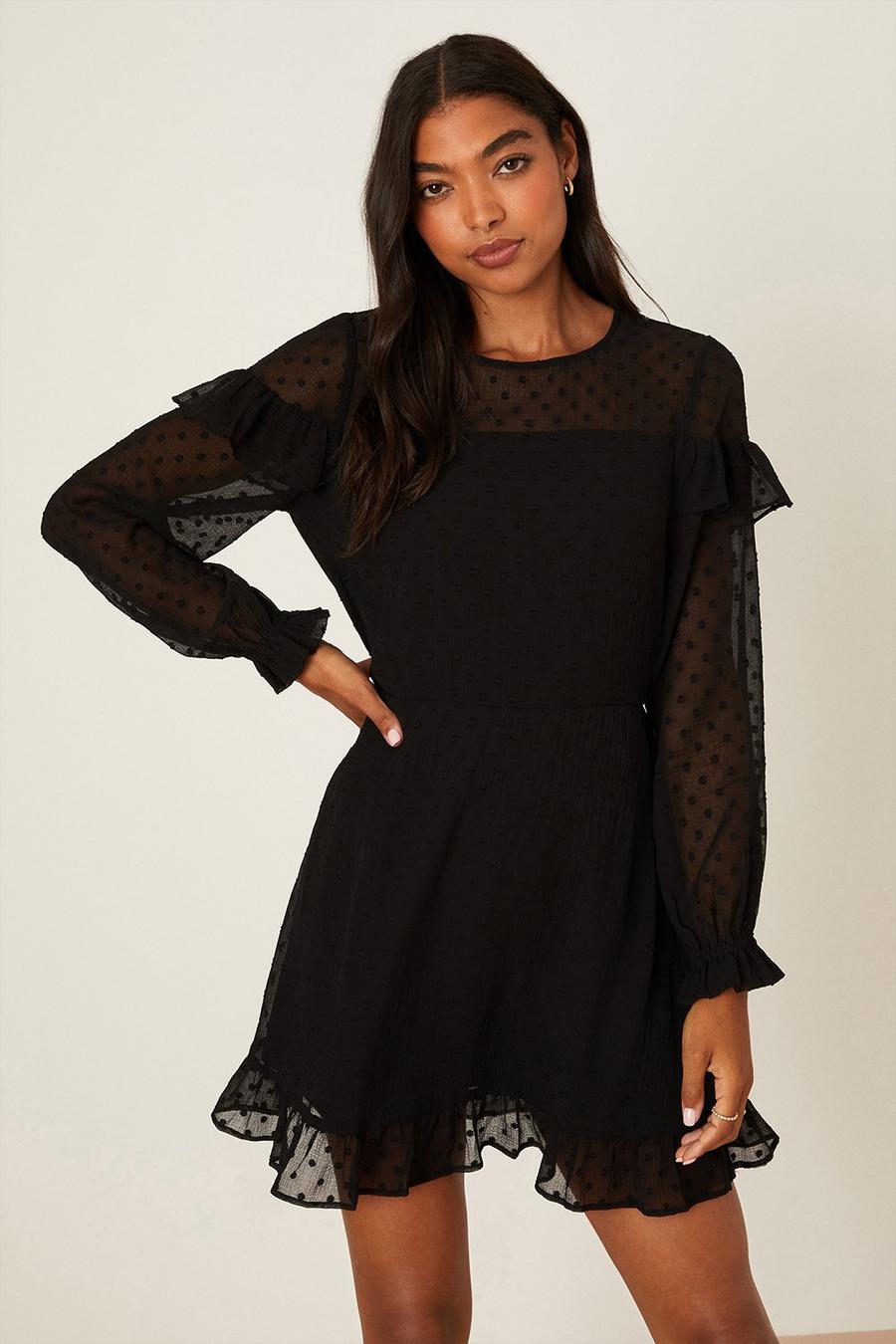 Black Textured Spot Detail Ruffle Mini Dress