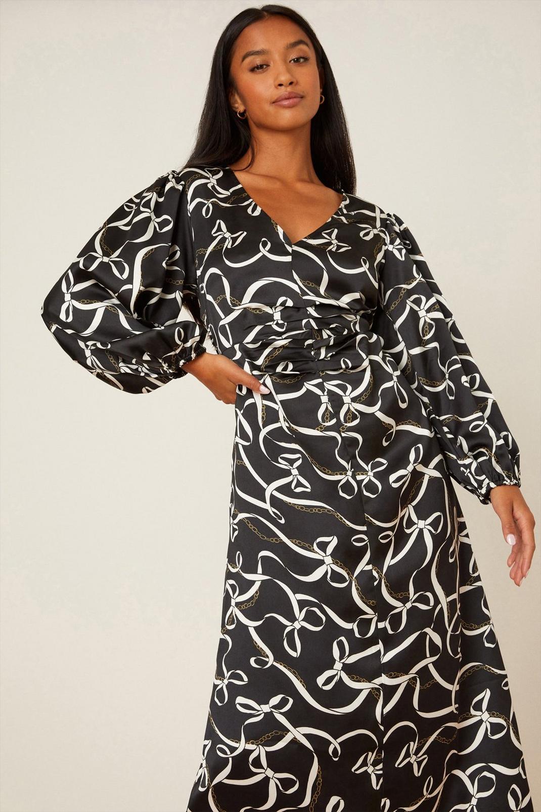 Black Petite Bow Print Ruched Front Midi Dress image number 1