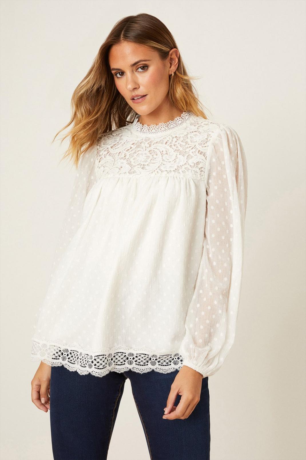 Ivory Lace Trim Blouse image number 1