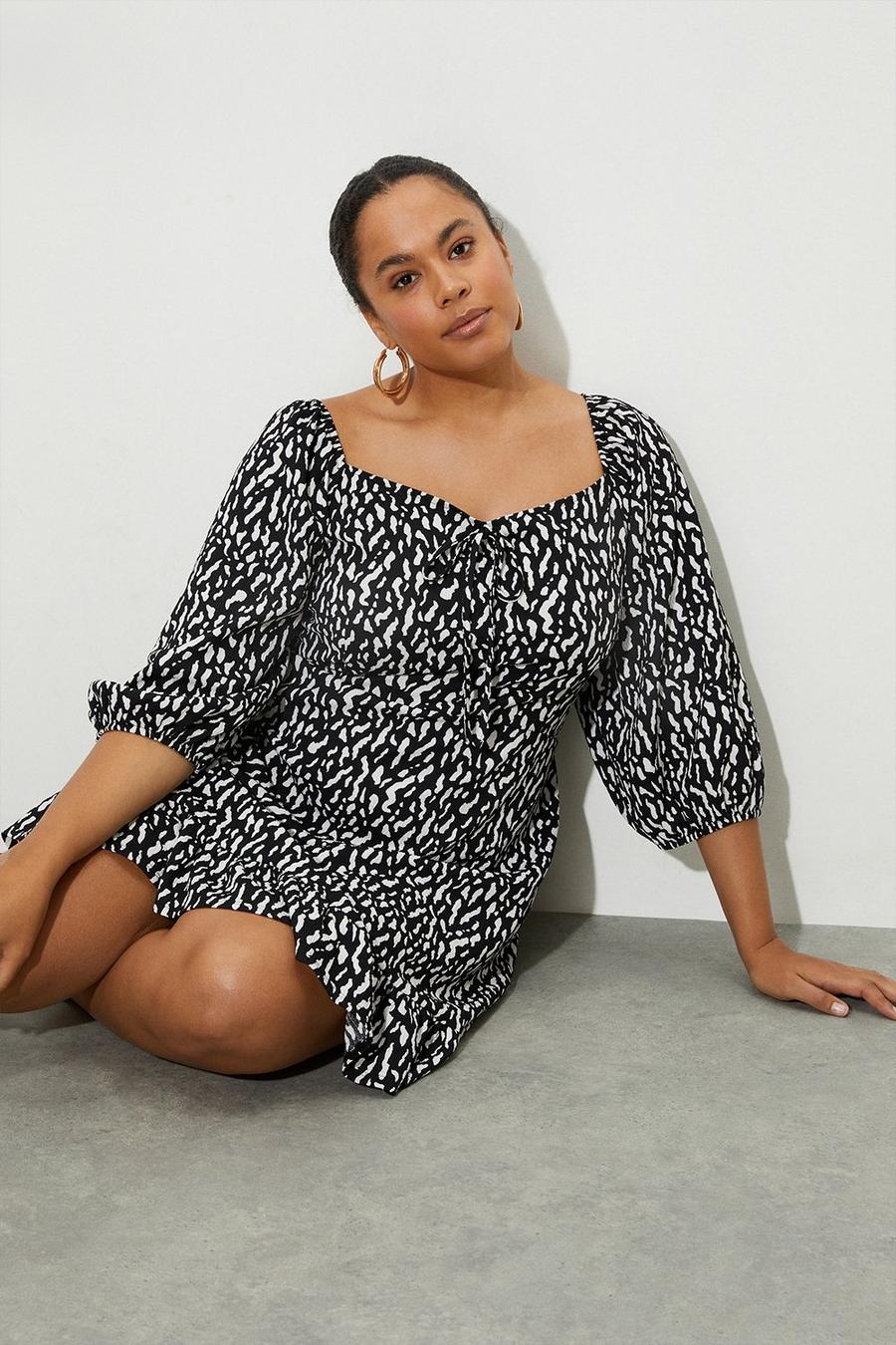 Curve Mono Animal Ruched Front Textured Mini Dress