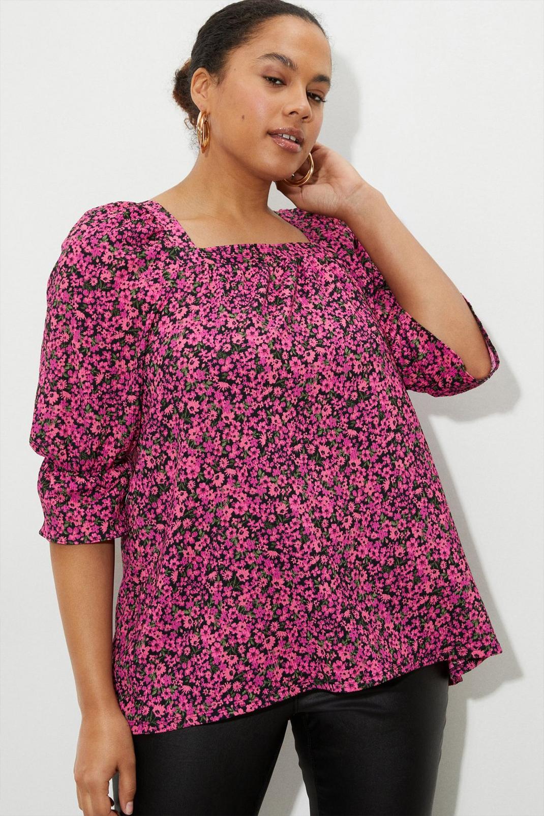 Curve Pink Ditsy Square Neck Textured Top image number 1