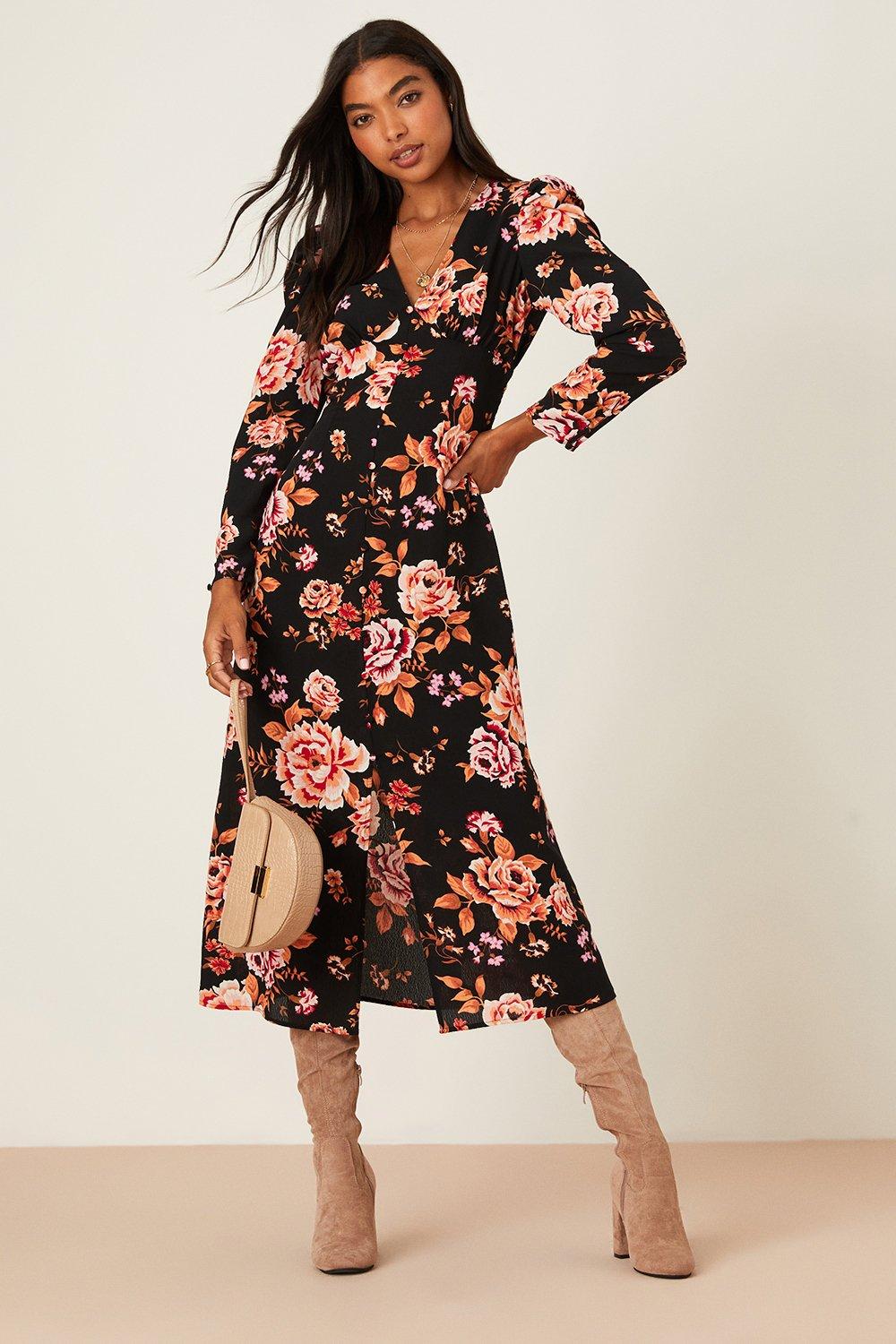 black floral button down dress