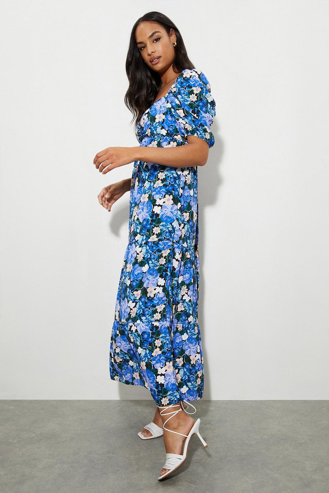 Blue Petite Floral Ruched Front Tiered Midi Dress image number 1