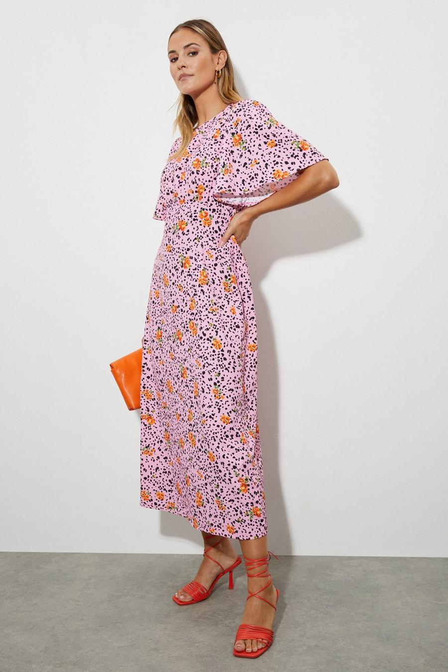 Margot Pink Floral Flutter Sleeve Midi Dress