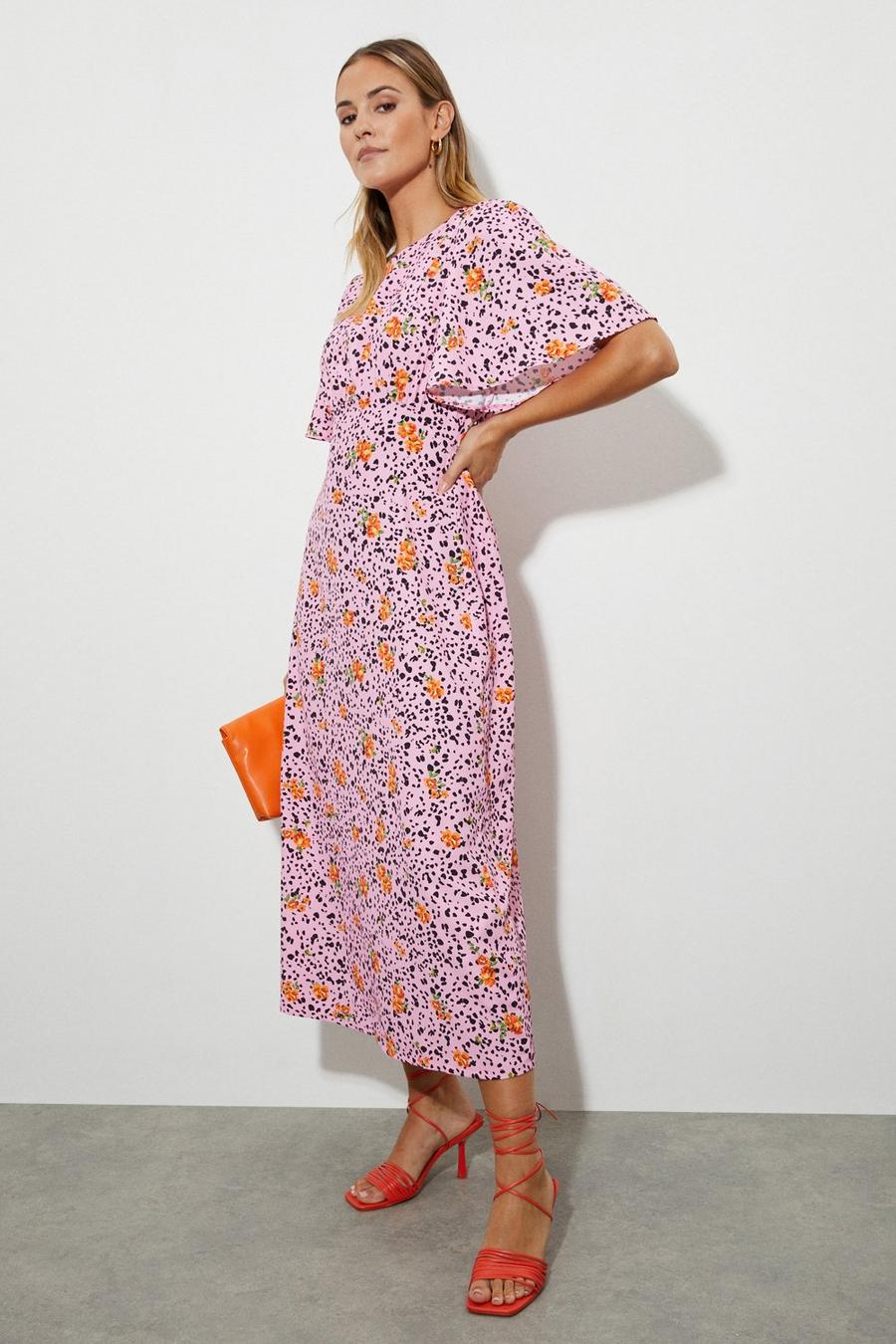 Margot Pink Floral Flutter Sleeve Midi Dress