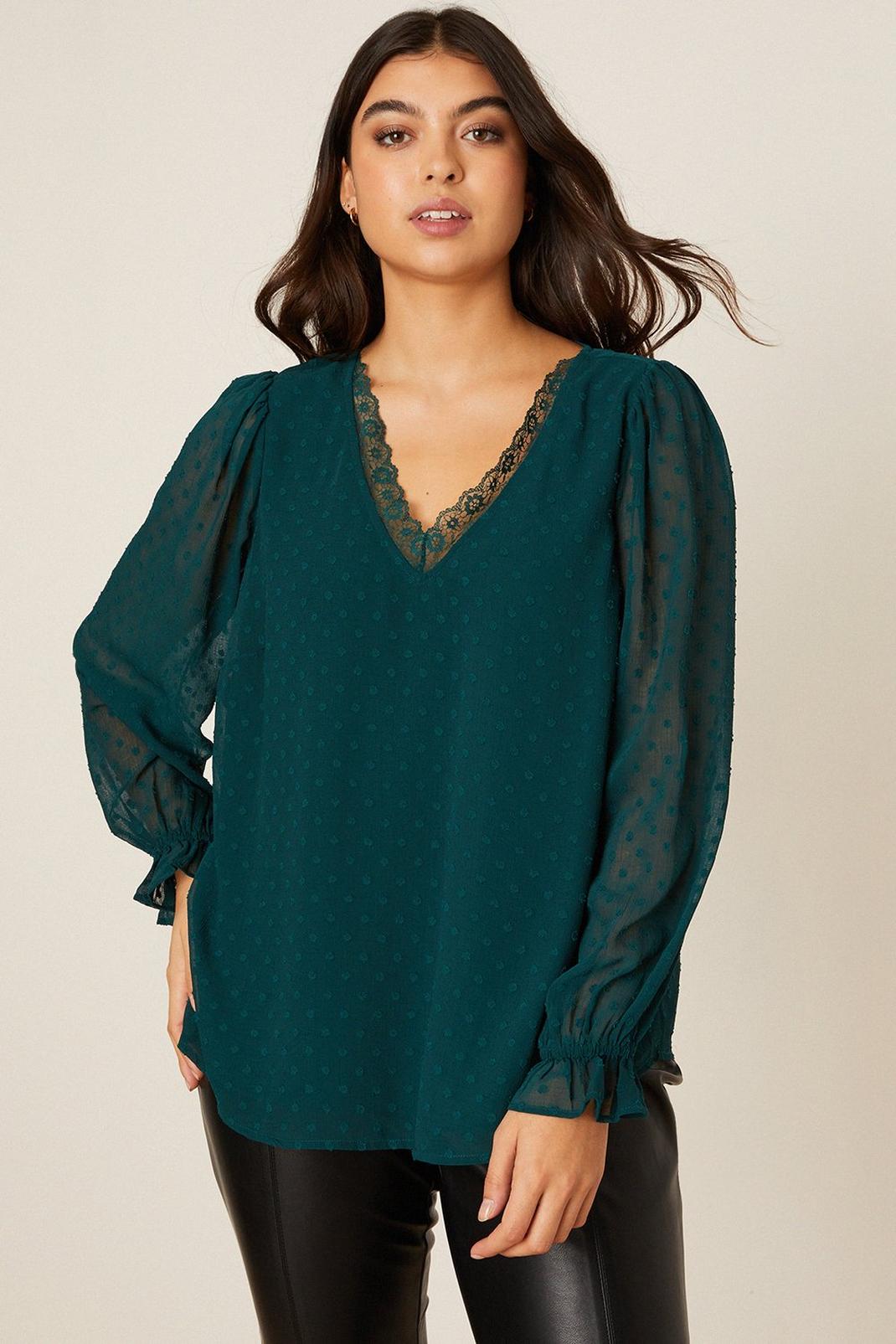 Green Curve Chiffon Lace Insert Blouse  image number 1