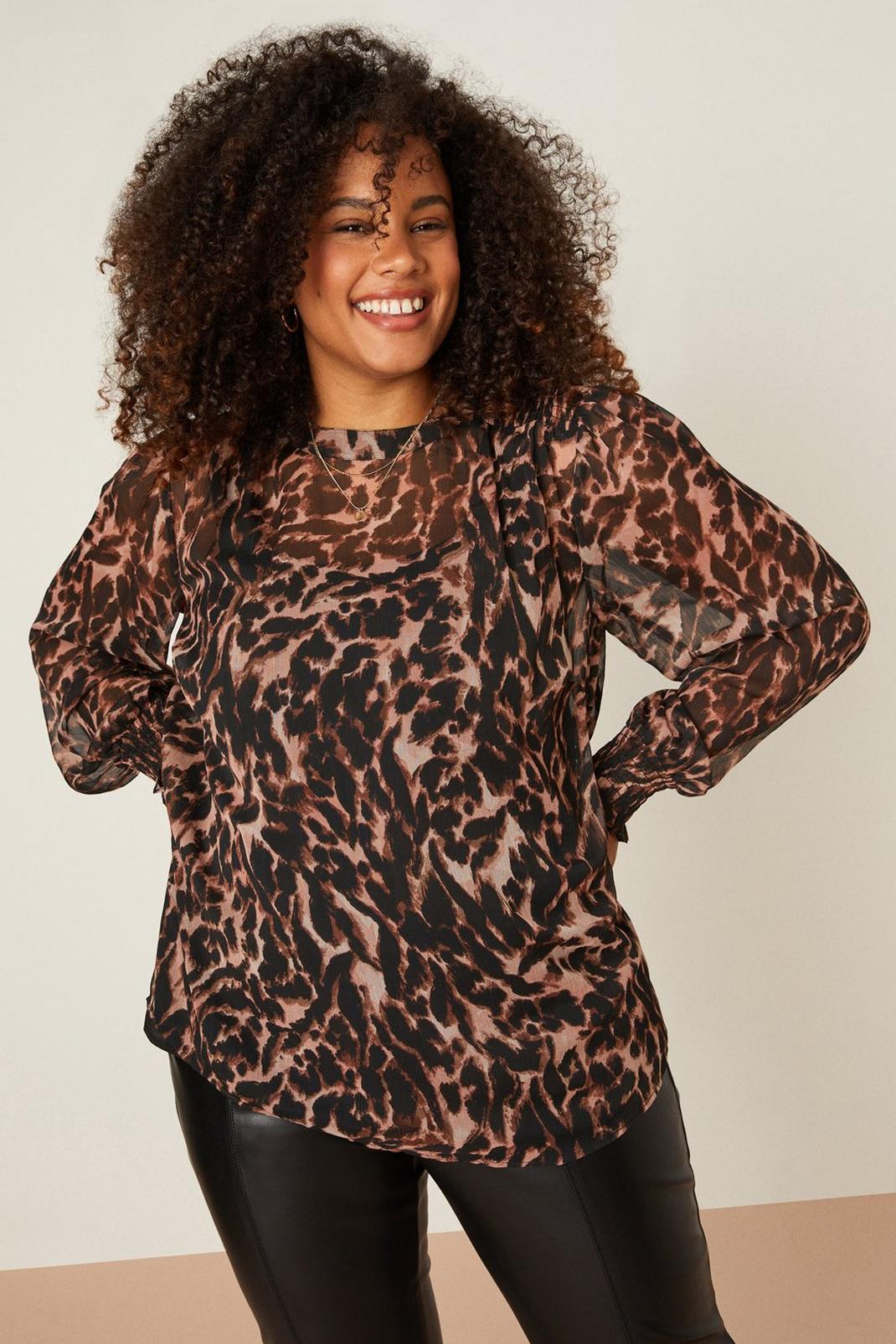 Black Curve Leopard Chiffon Long Sleeve Blouse image number 1