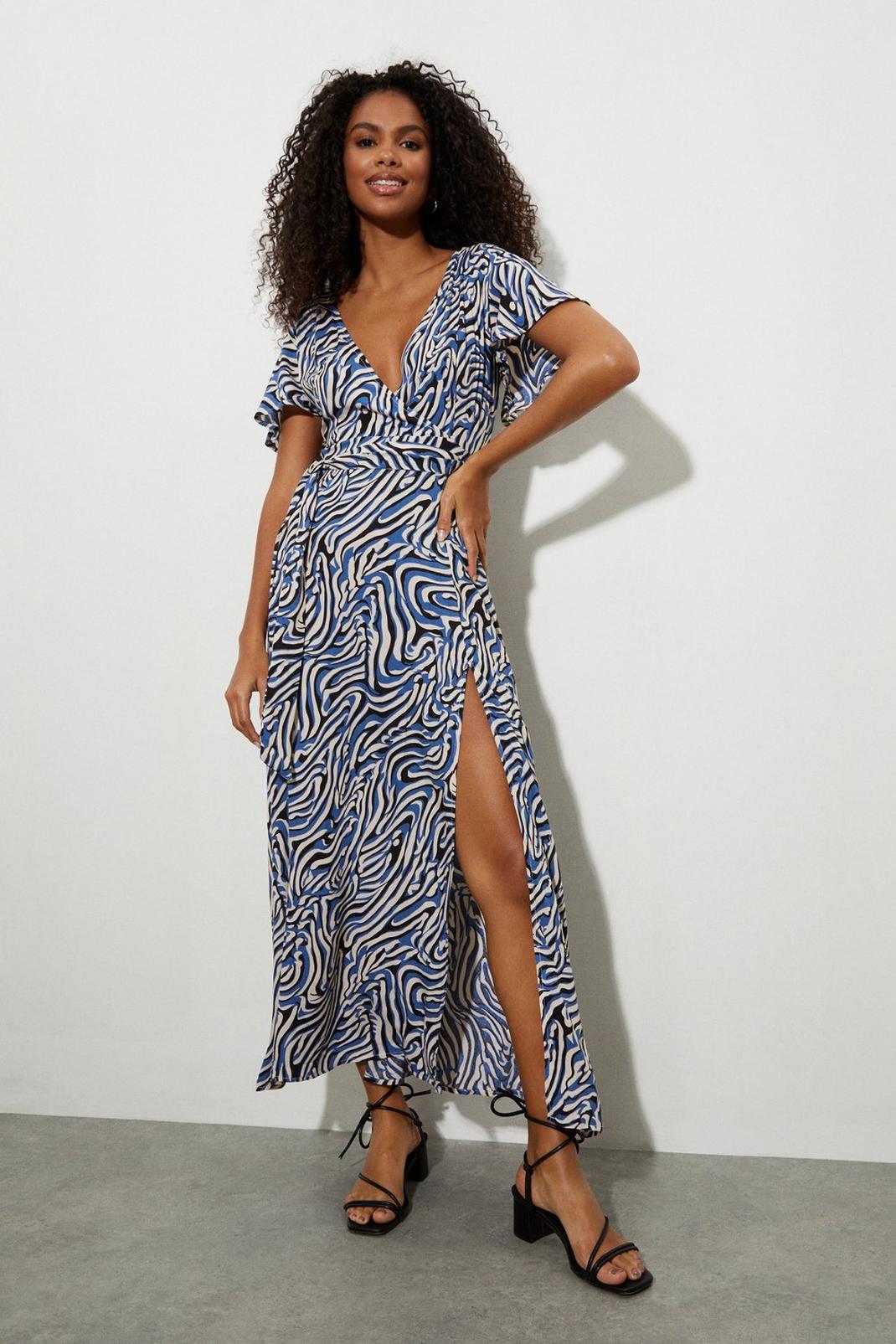 Blue Printed Wrap Midi Dress image number 1