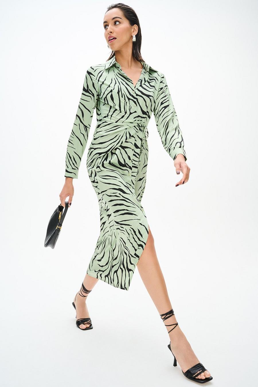 Sage Green Satin Zebra Wrap Midi Shirt Dress