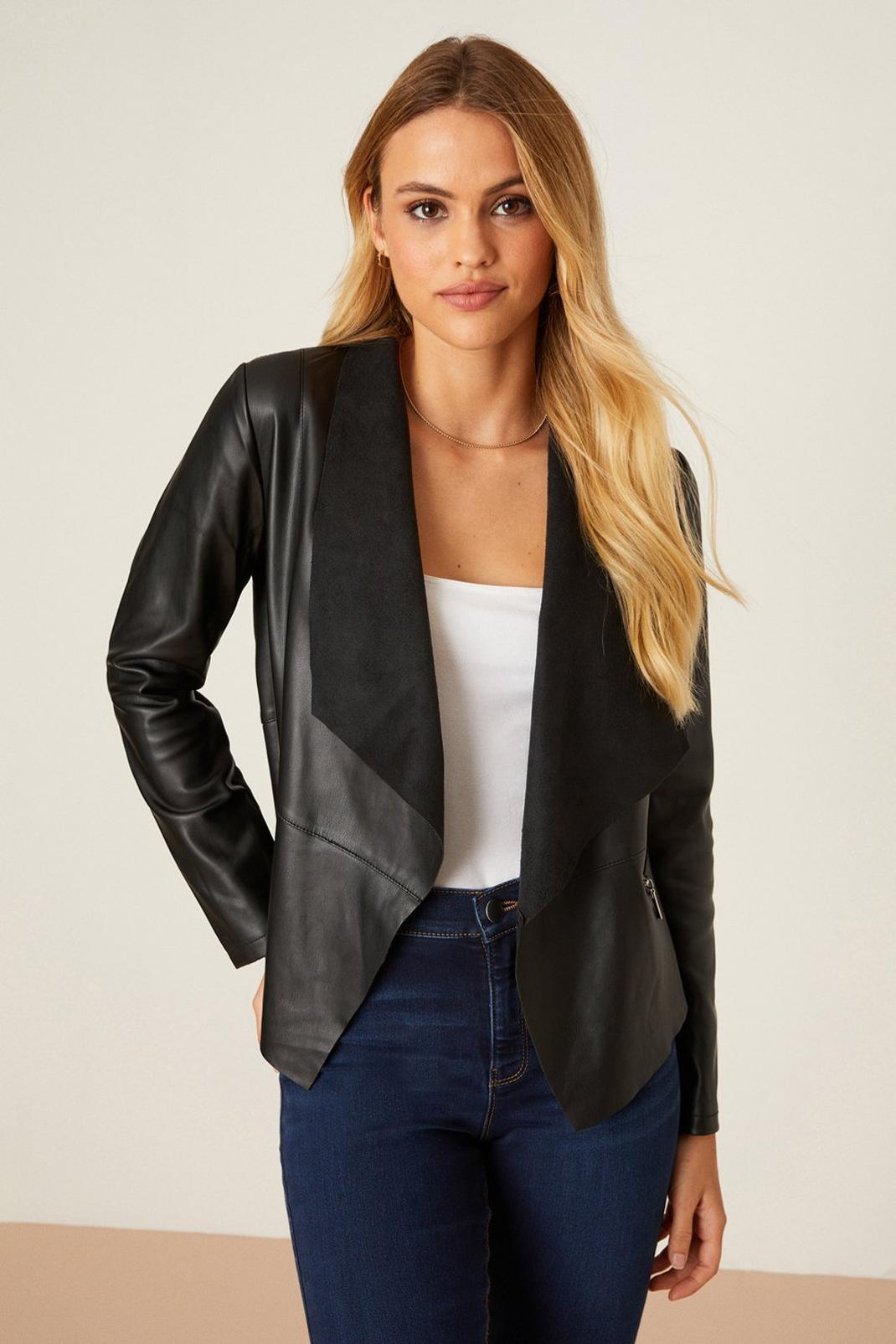 Black Faux Leather Waterfall Jacket image number 1