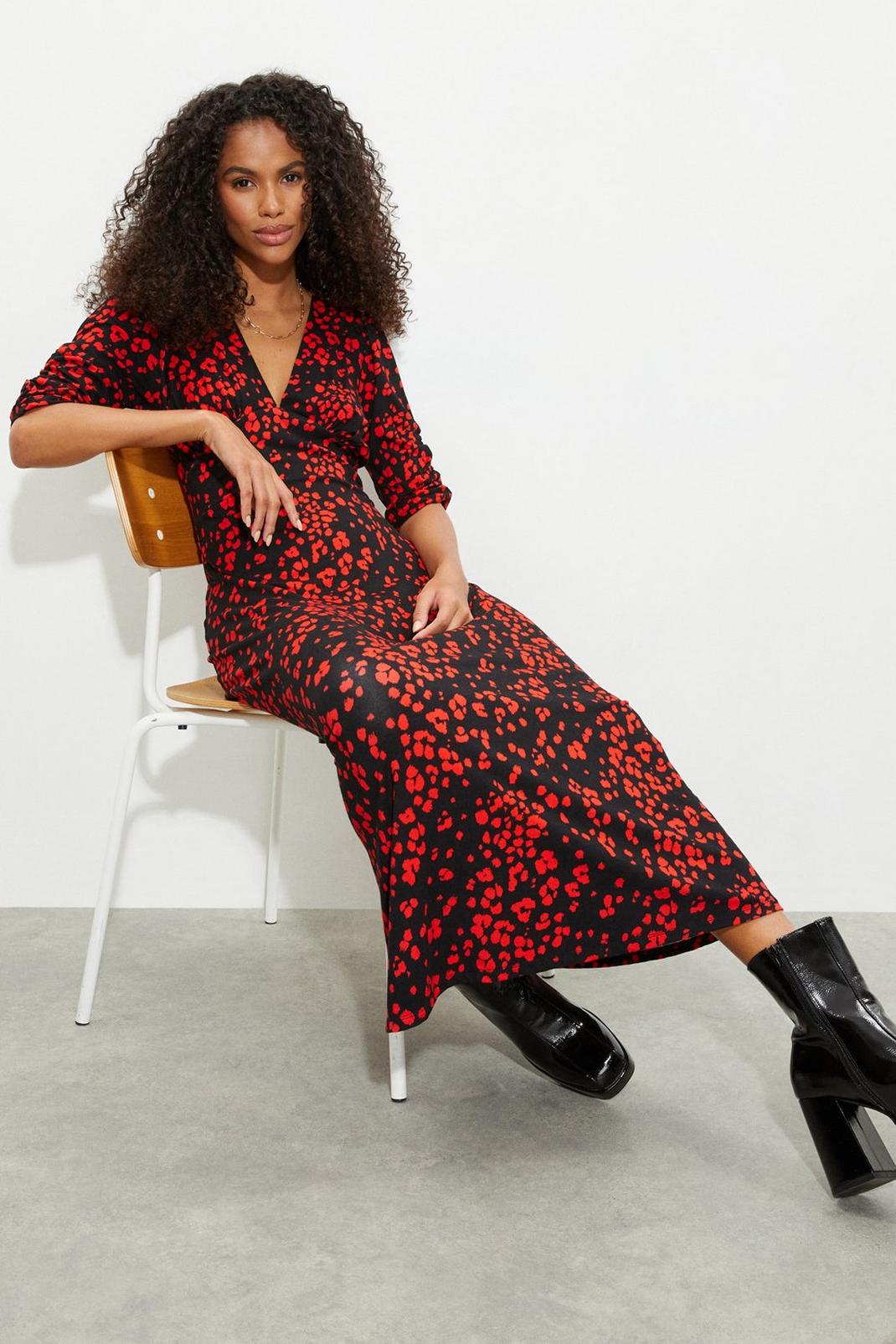 Black And Red Floral Midi Dress image number 1