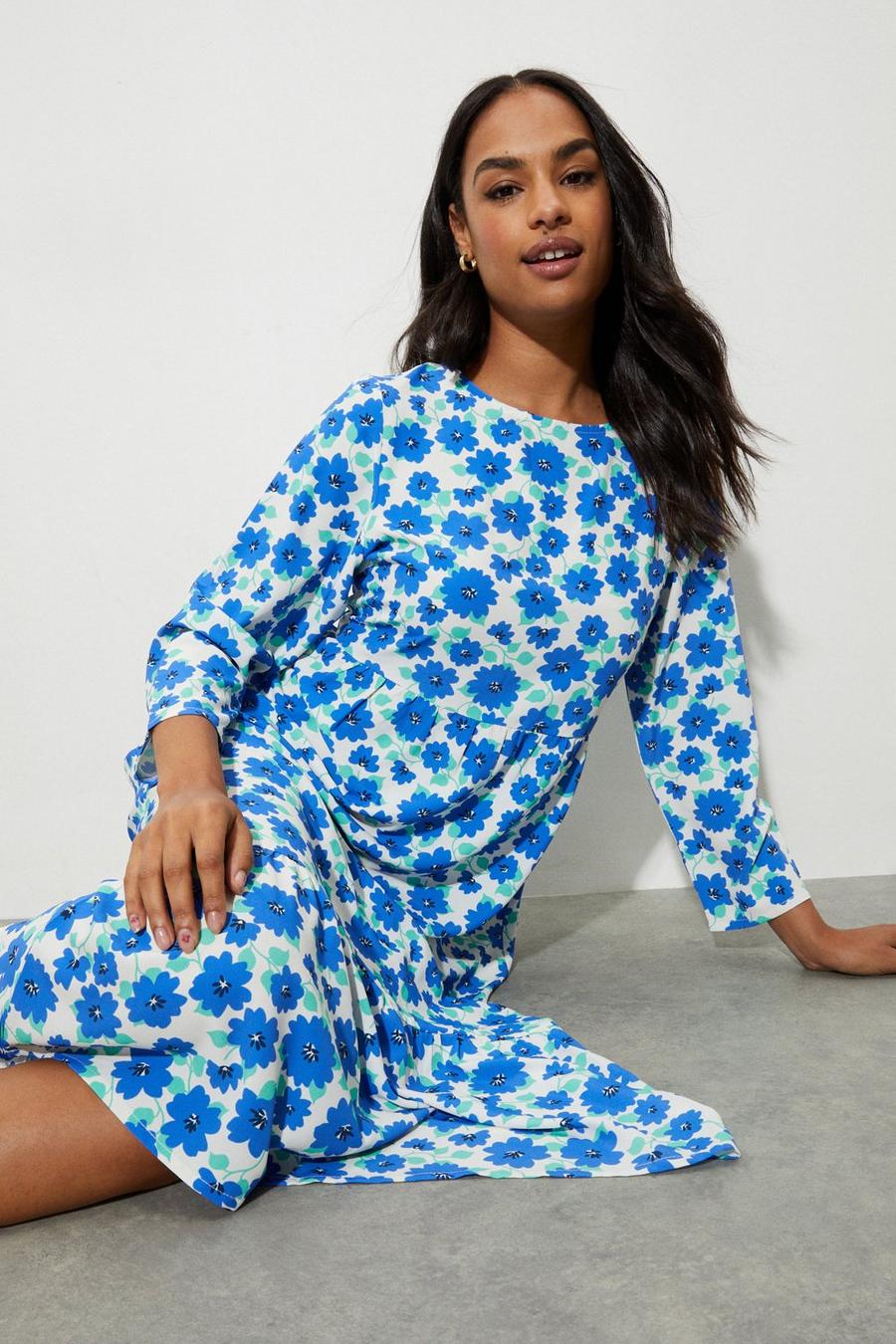 Lucy Blue Floral Smock Empire Midi Dress