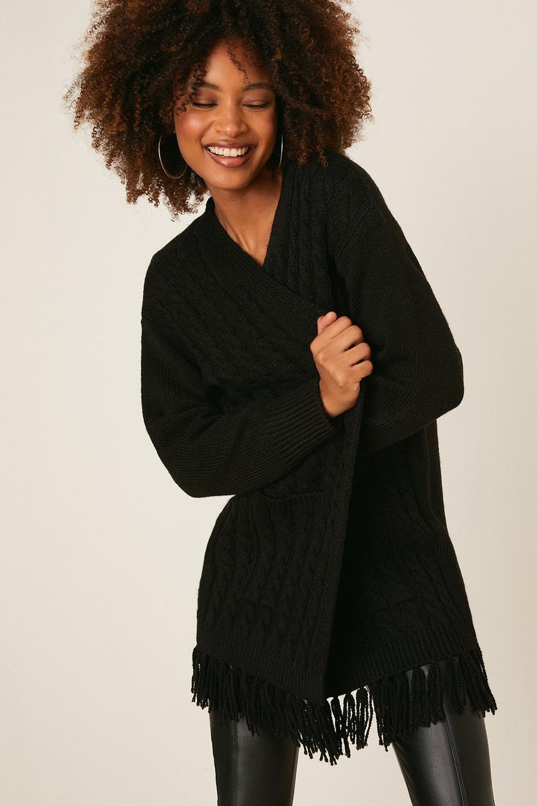 Black Tassel Knitted Cardigan With Pockets image number 1