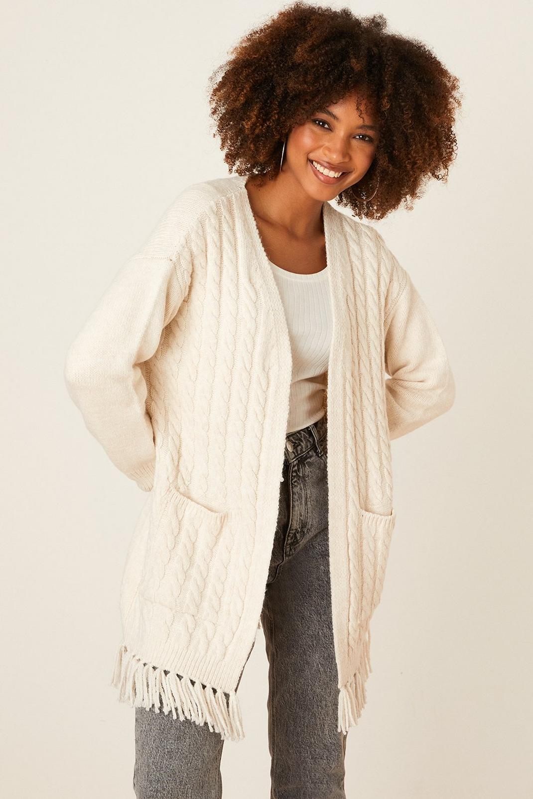 Ivory Tassel Knitted Cardigan With Pockets image number 1