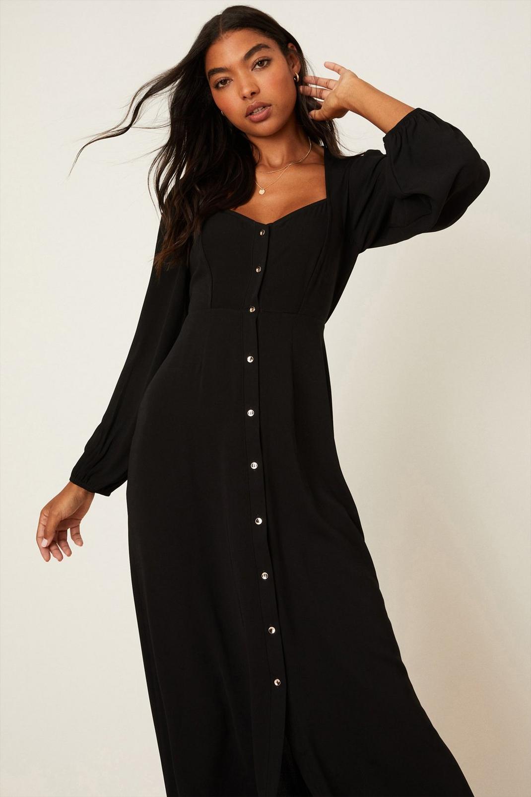 Black Kitty Long Sleeve Button Midi Dress image number 1