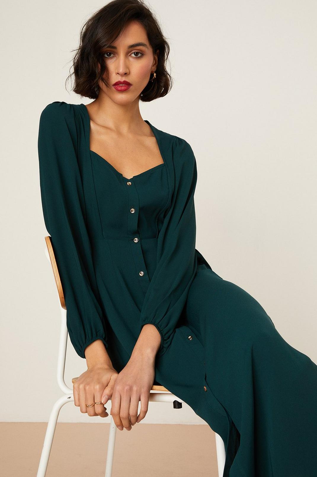 Green Kitty Long Sleeve Button Midi Dress image number 1