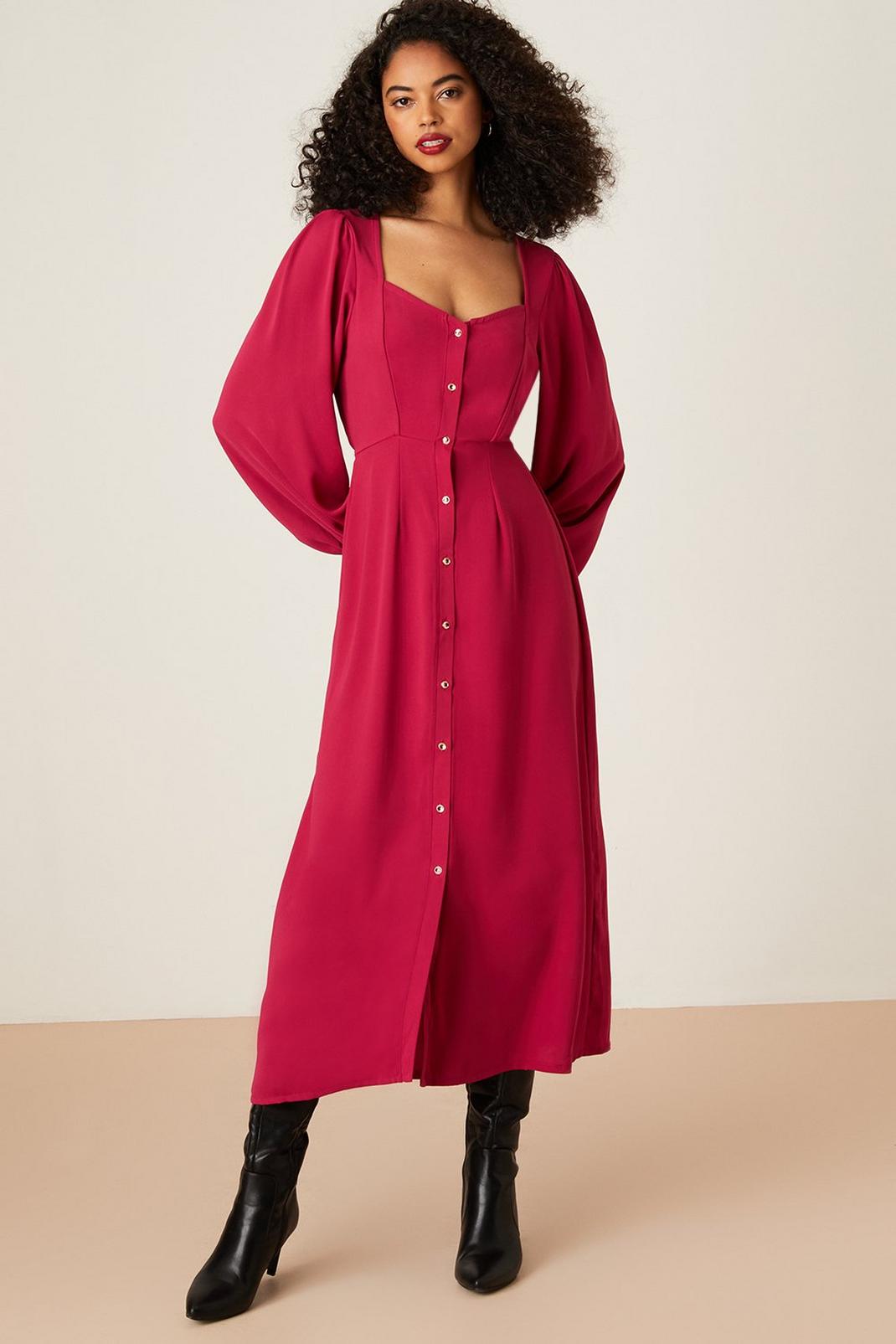 Pink Kitty Long Sleeve Button Midi Dress image number 1