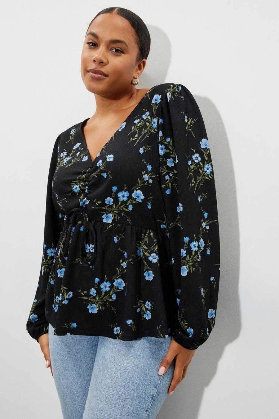 Curve Floral Ruched Long Sleeve Top
