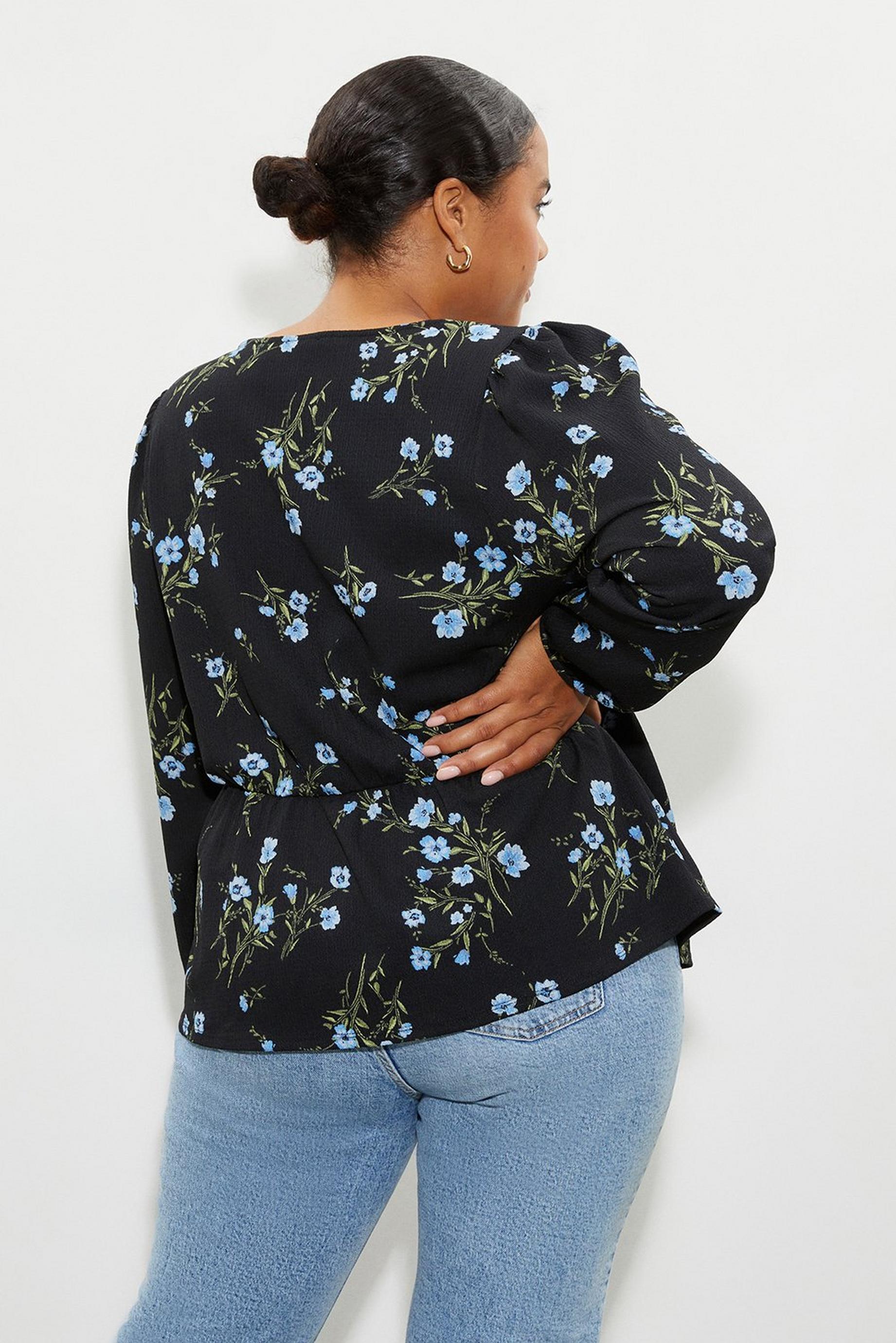 Curve Floral Ruched Long Sleeve Top