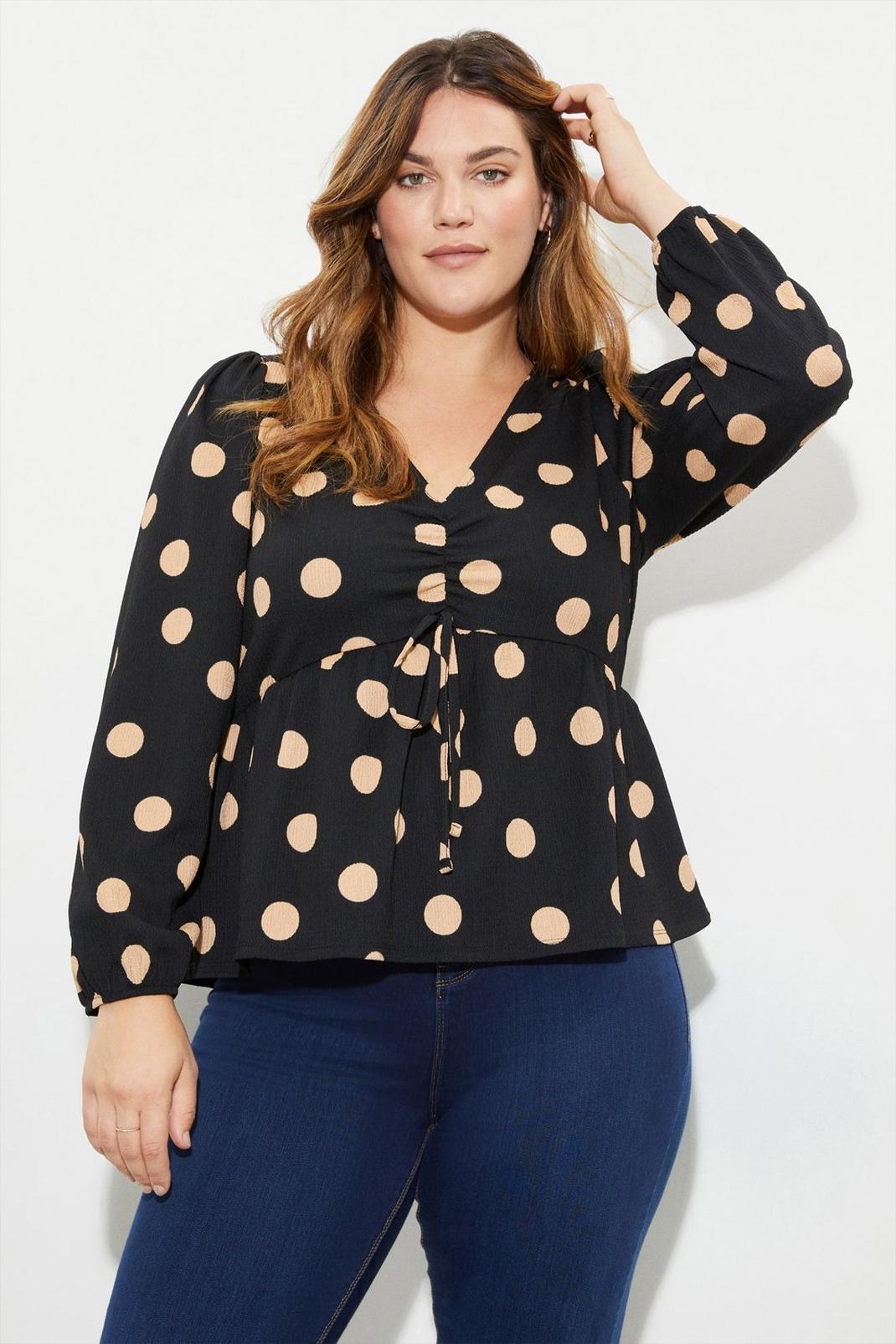Black Curve Spot Ruched Front Long Sleeve Top image number 1