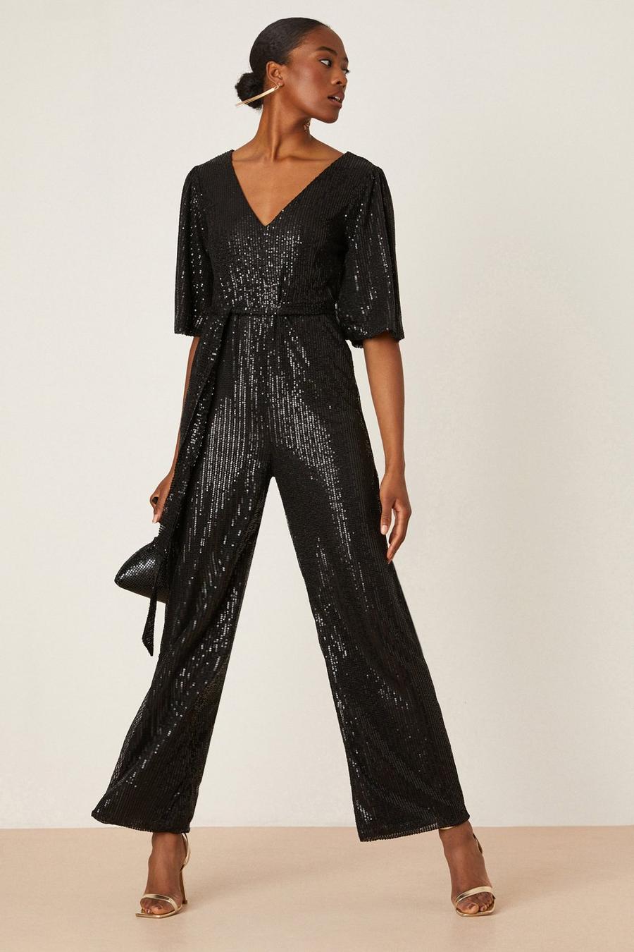 Tall Sequin Angel Sleeve Belted Jumpsuit