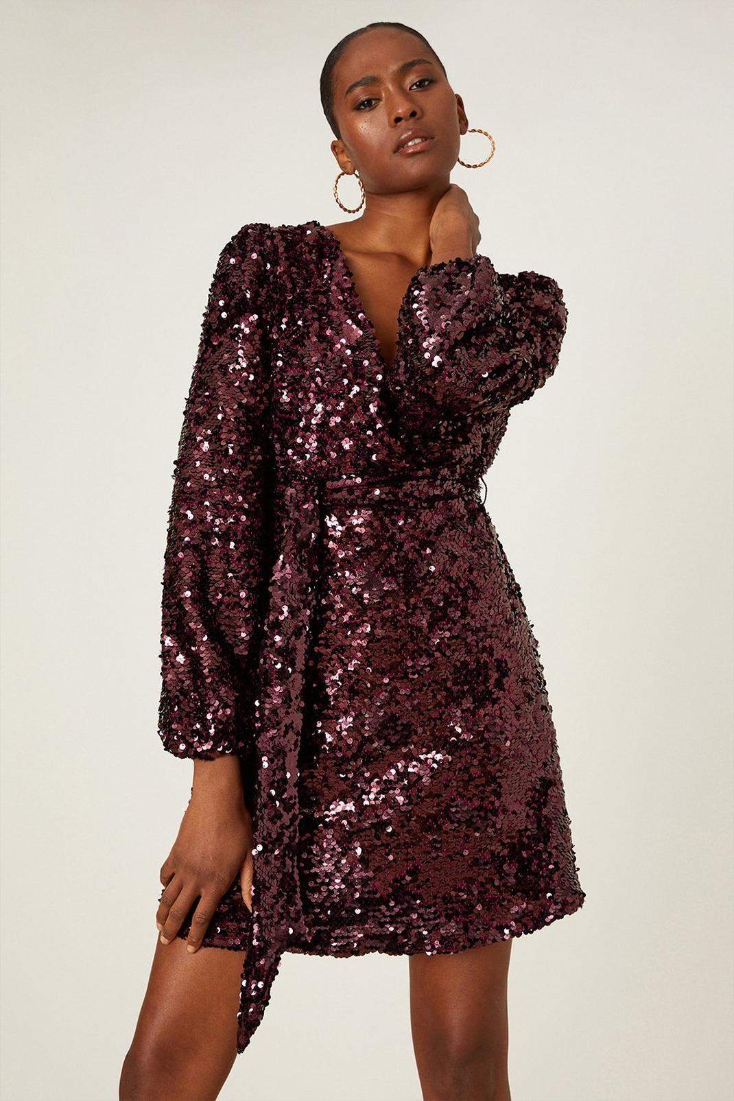 Tall Burgundy Sequin Wrap Mini Dress image number 1