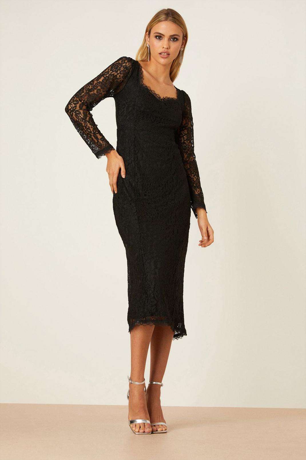 Petite Black Lace Midi Dress image number 1
