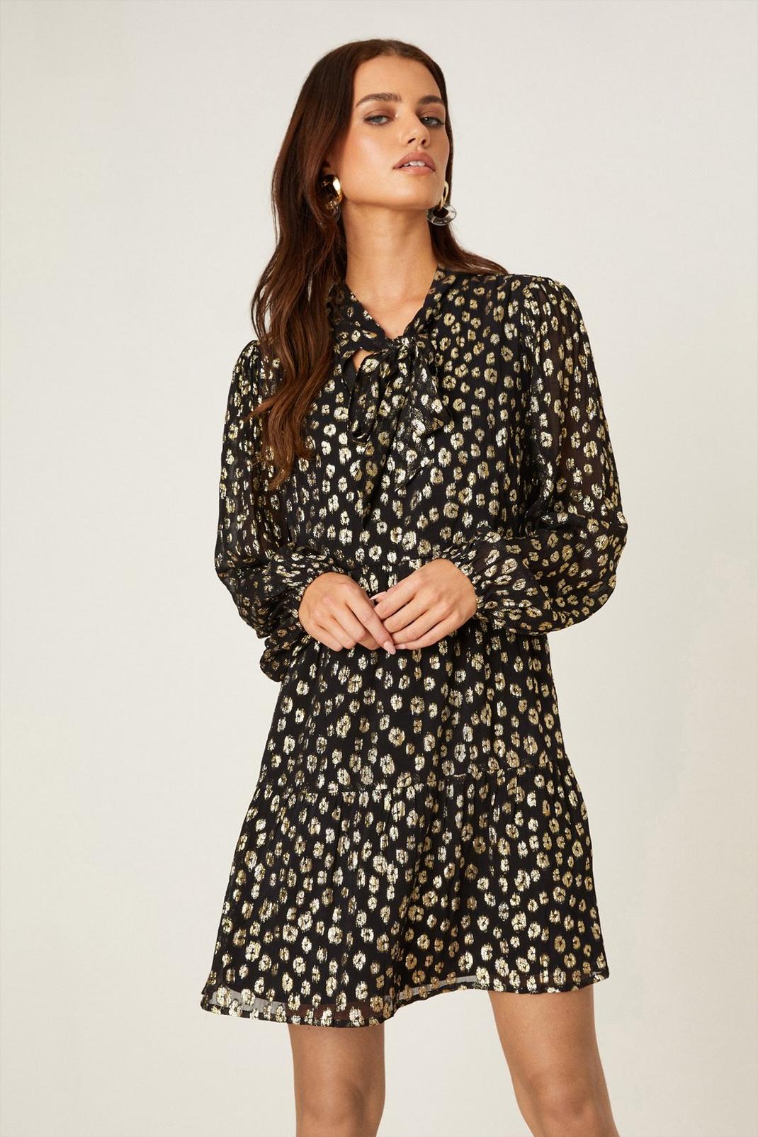 Black Petite Gold Leopard Jacquard Smock Mini Dress image number 1