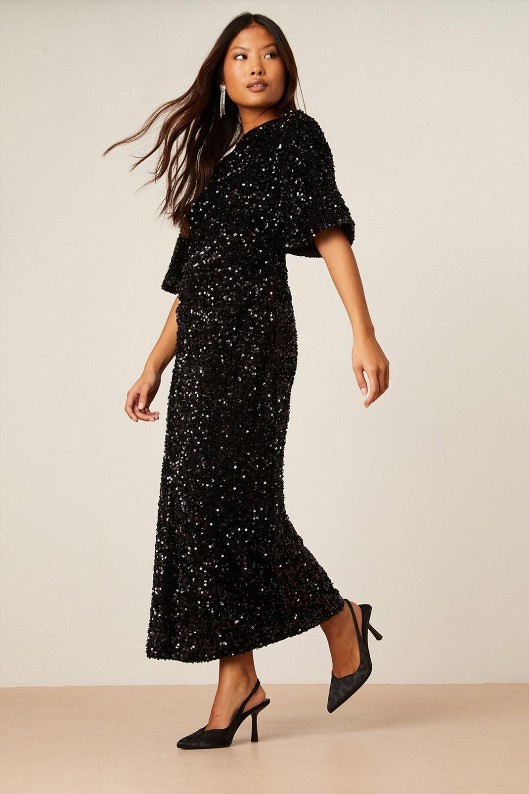 Petite Black Wrap Velvet Sequin Midi Dress image number 1