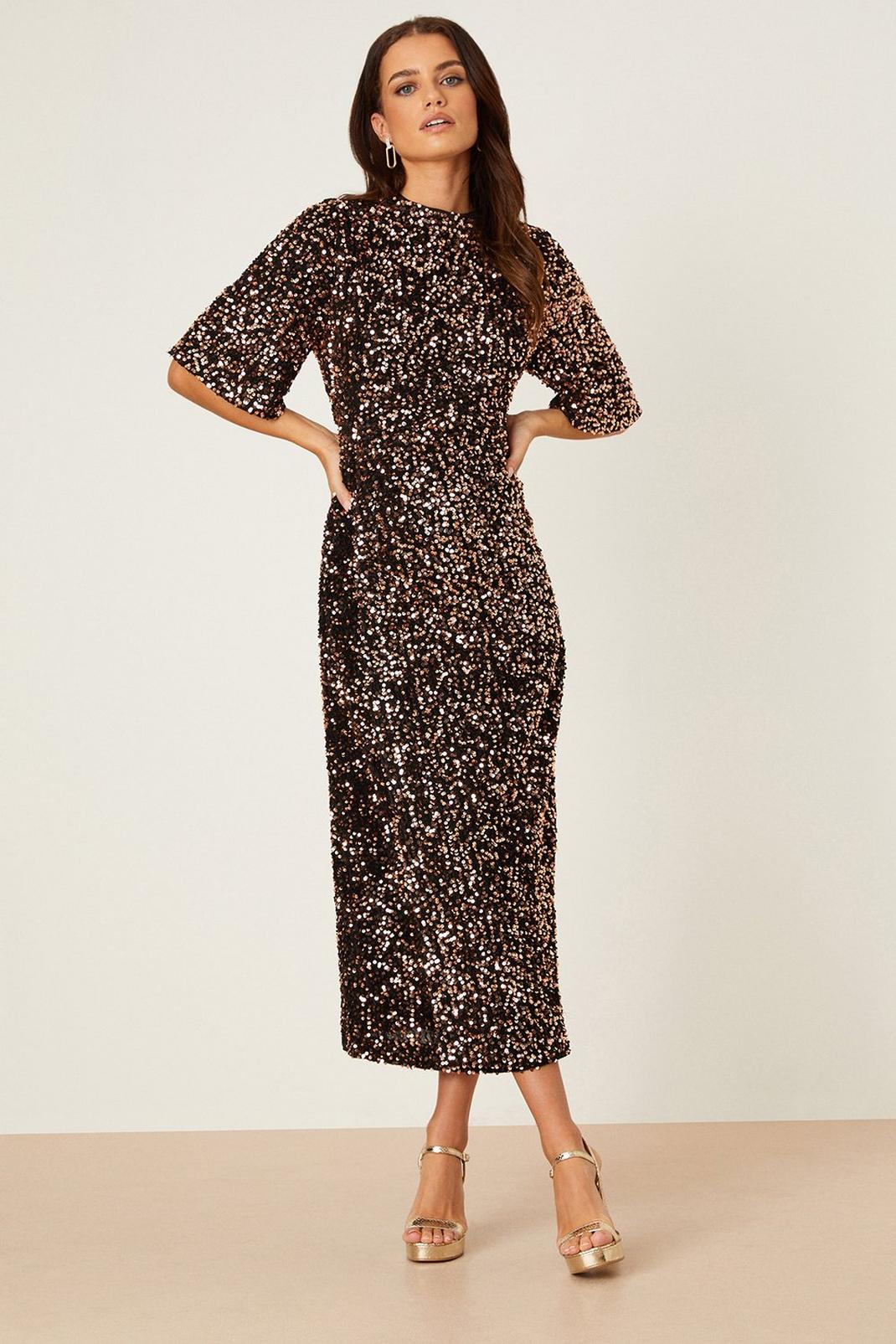 Petite Bronze Wrap Velvet Sequin Midi Dress image number 1