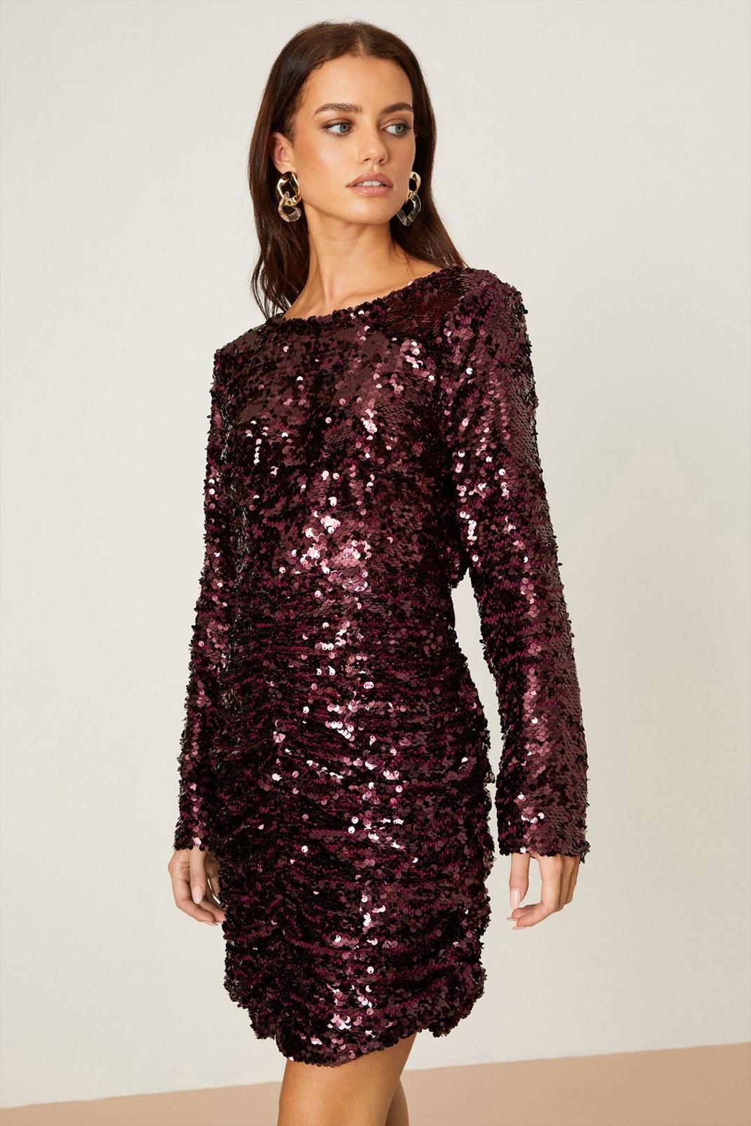 Petite Berry Ruched Sequin Mini Dress image number 1