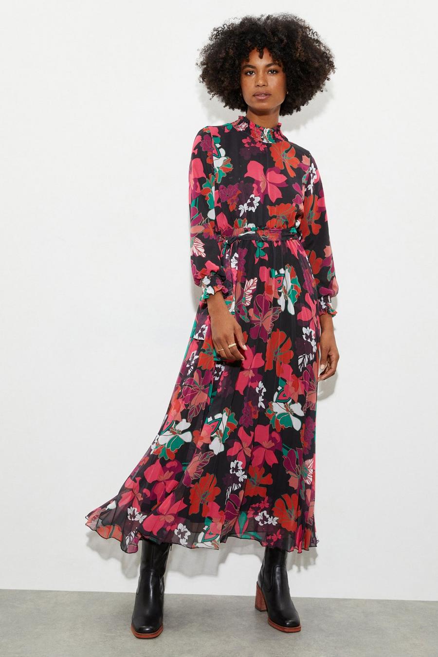 Large Floral Print Pleated Skirt Midi Dress