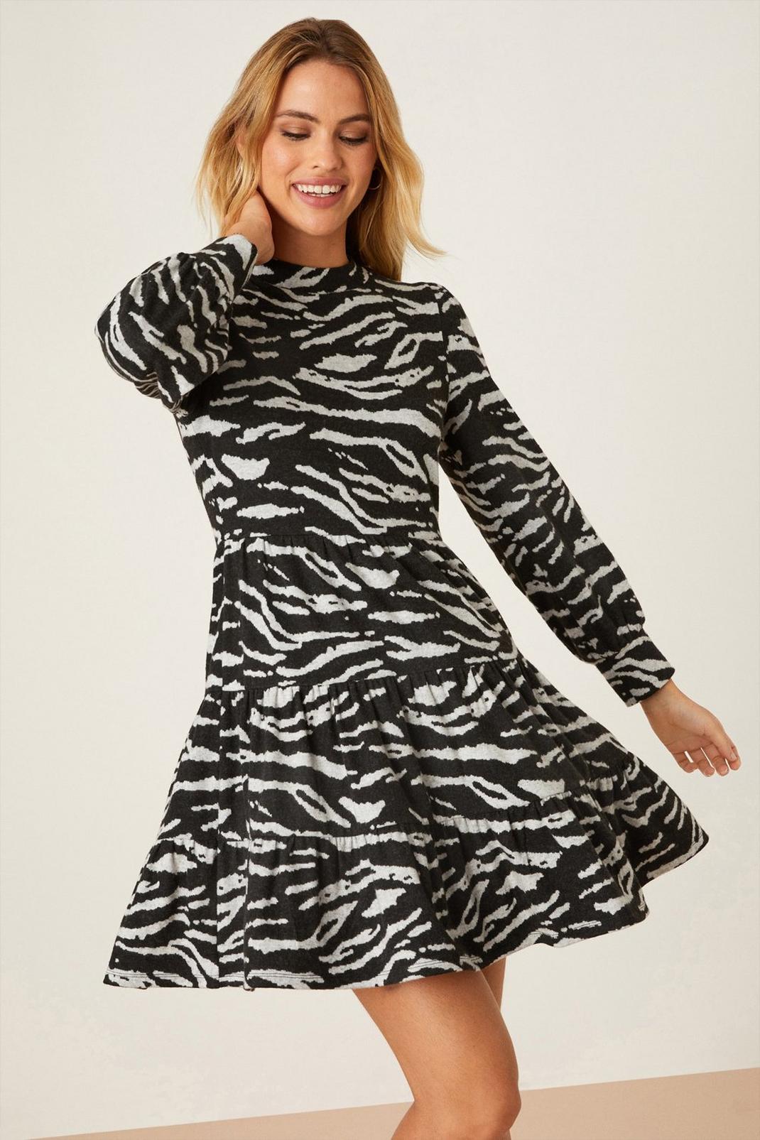 Mono Animal Print Soft Touch Tiered Mini Dress image number 1
