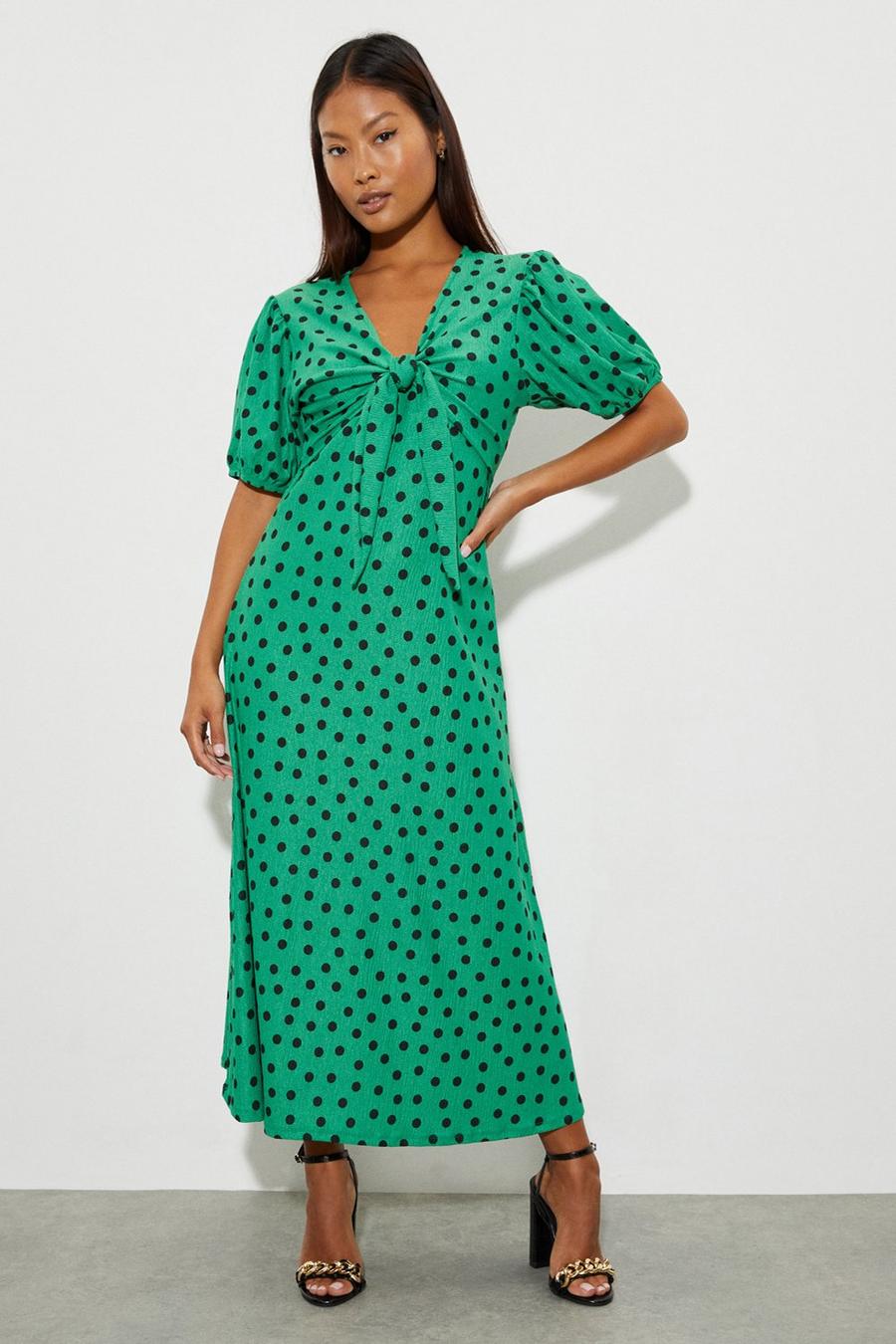 Petite Green Spot Tie Front Midi Dress