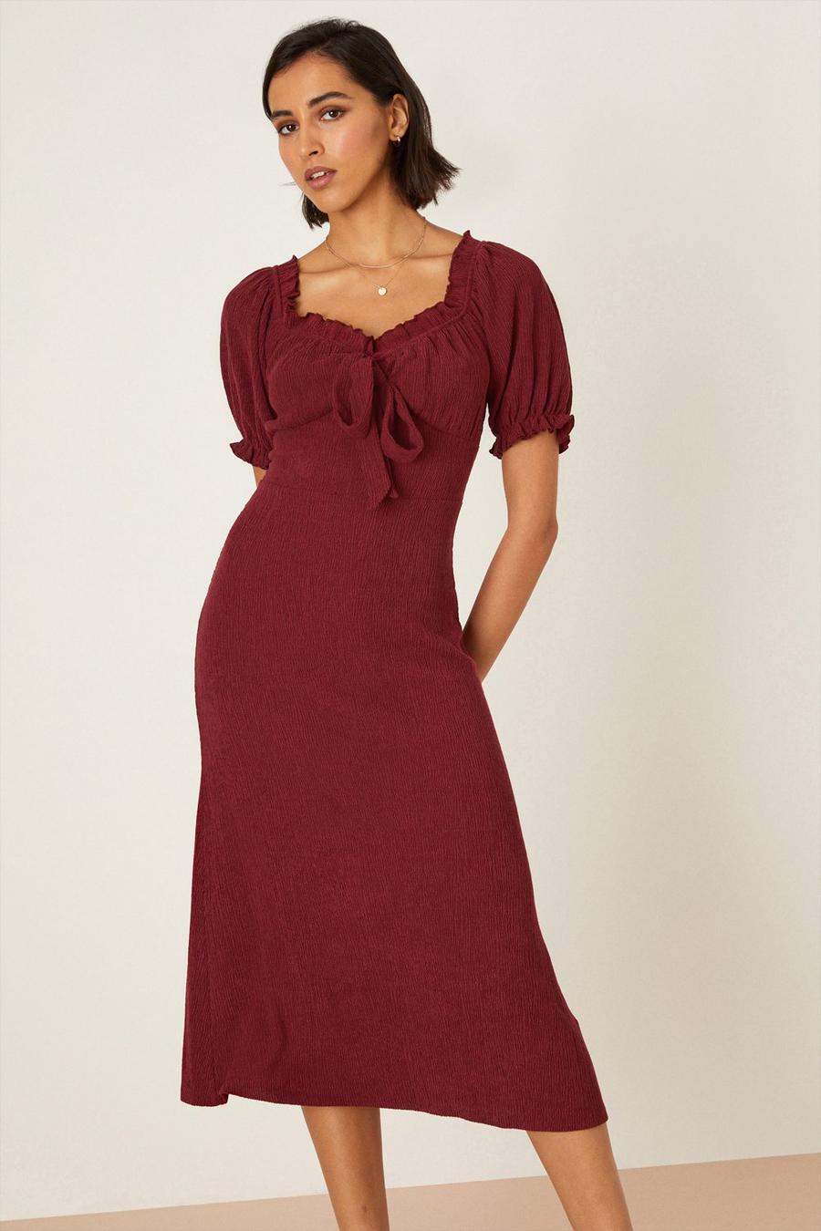 Petite Textured Crinkle Ruched Midi Dress