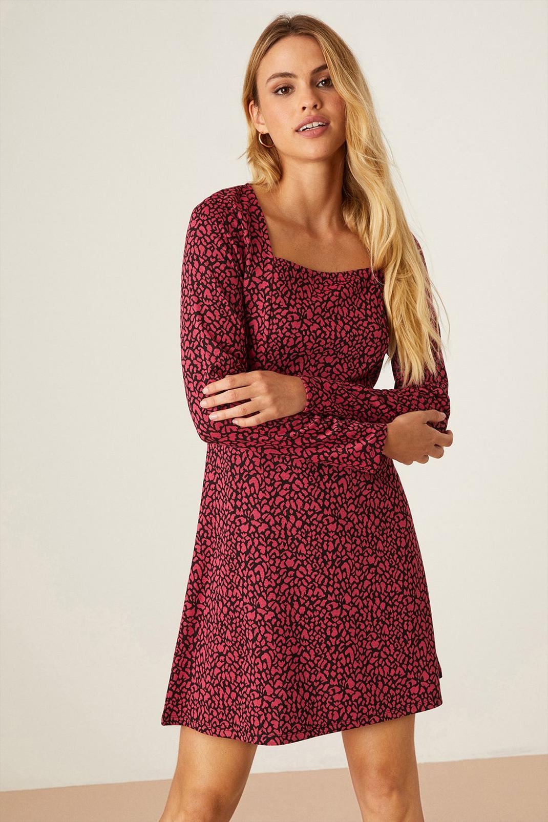Pink Leopard Jacquard Square Neck Mini Dress image number 1