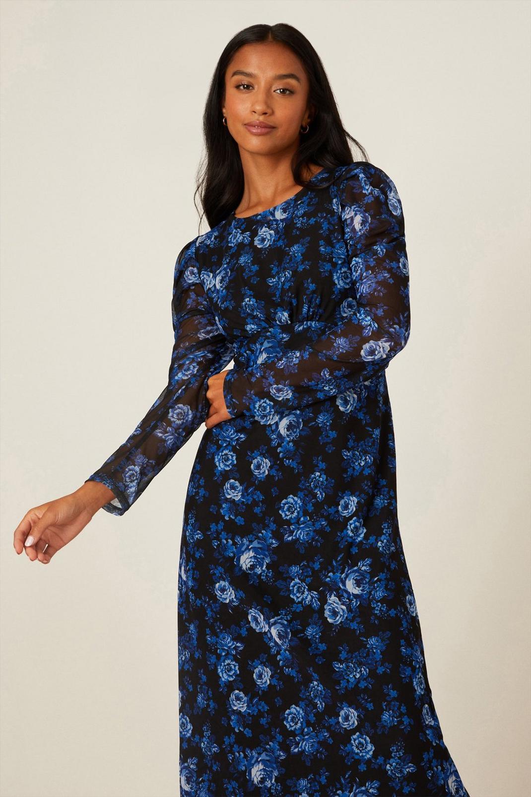 Petite Blue Floral Print Mesh Midi Dress image number 1