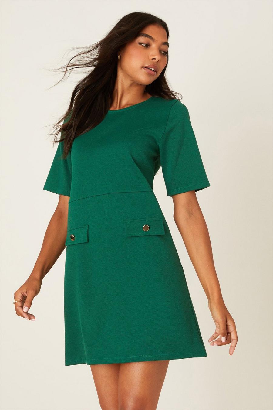 Green Ponte Short Sleeve Shift Mini Dress