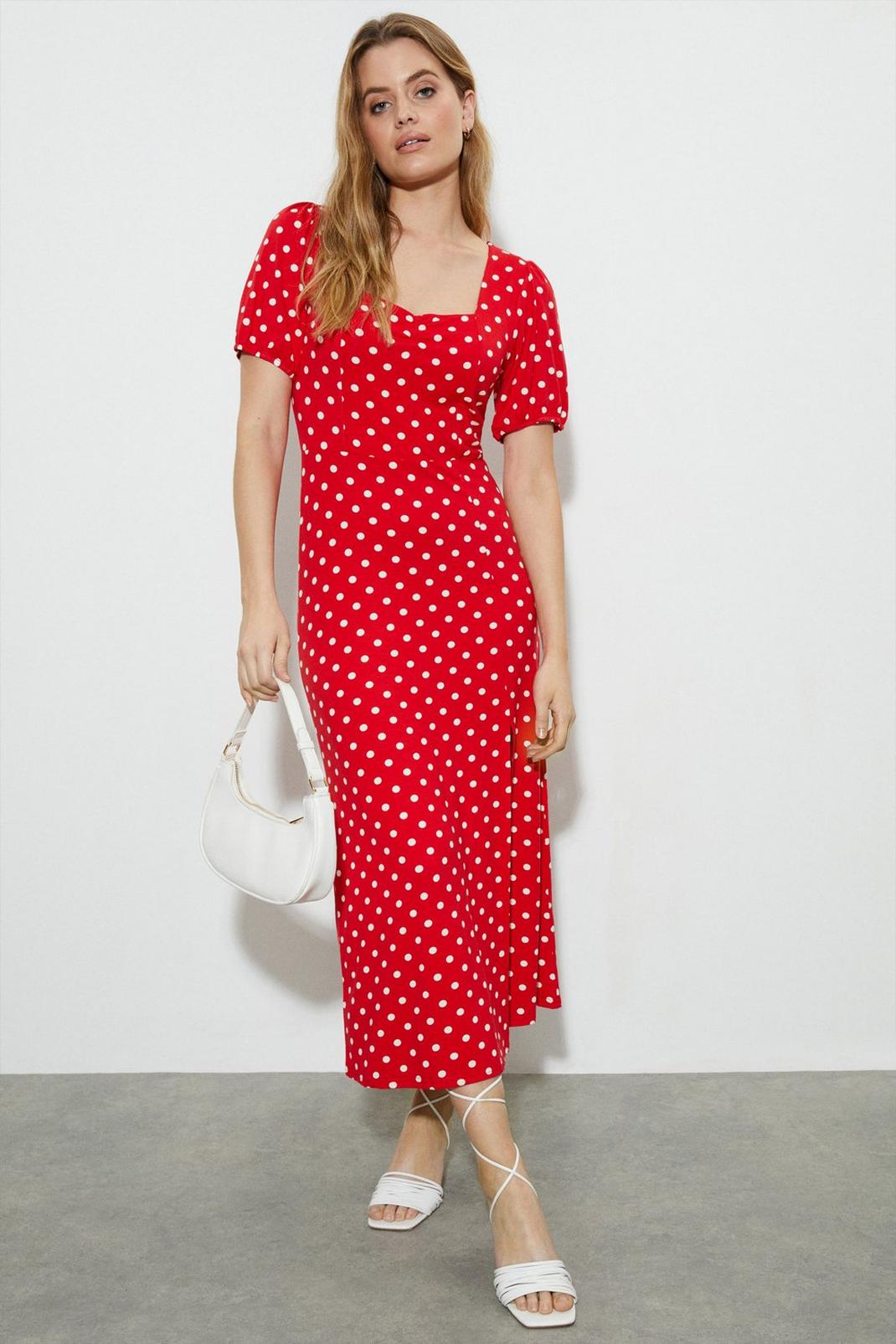 Red Spot Ruched Front Midi Dress image number 1
