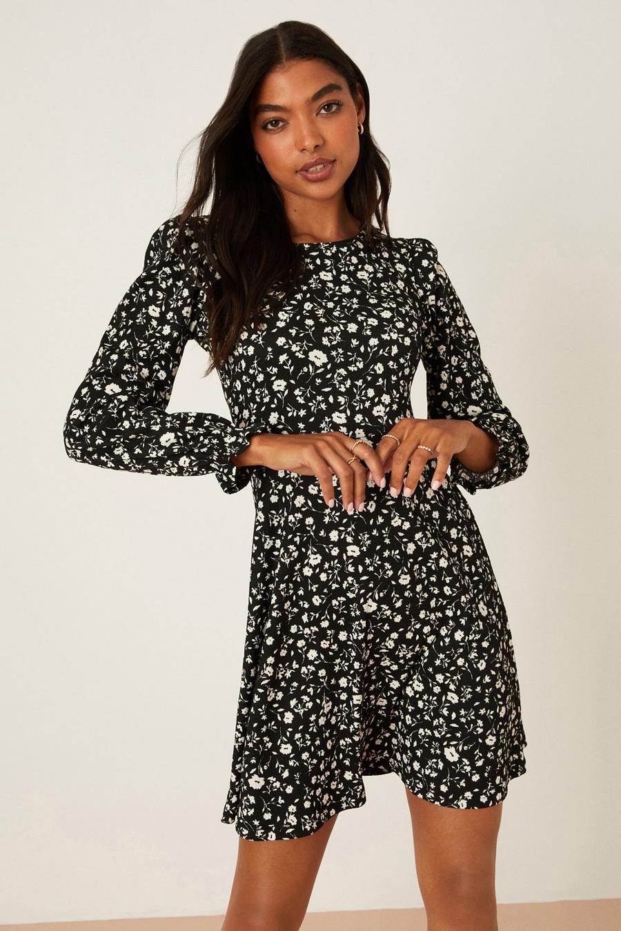 Black Floral Shirred Cuff Mini Dress