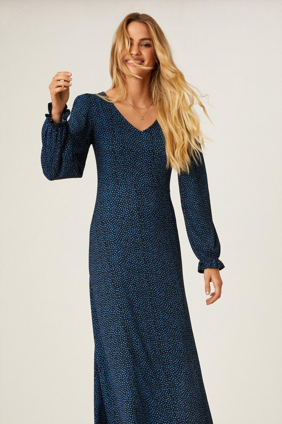 Blue Spot Shirred Cuff Midi Dress