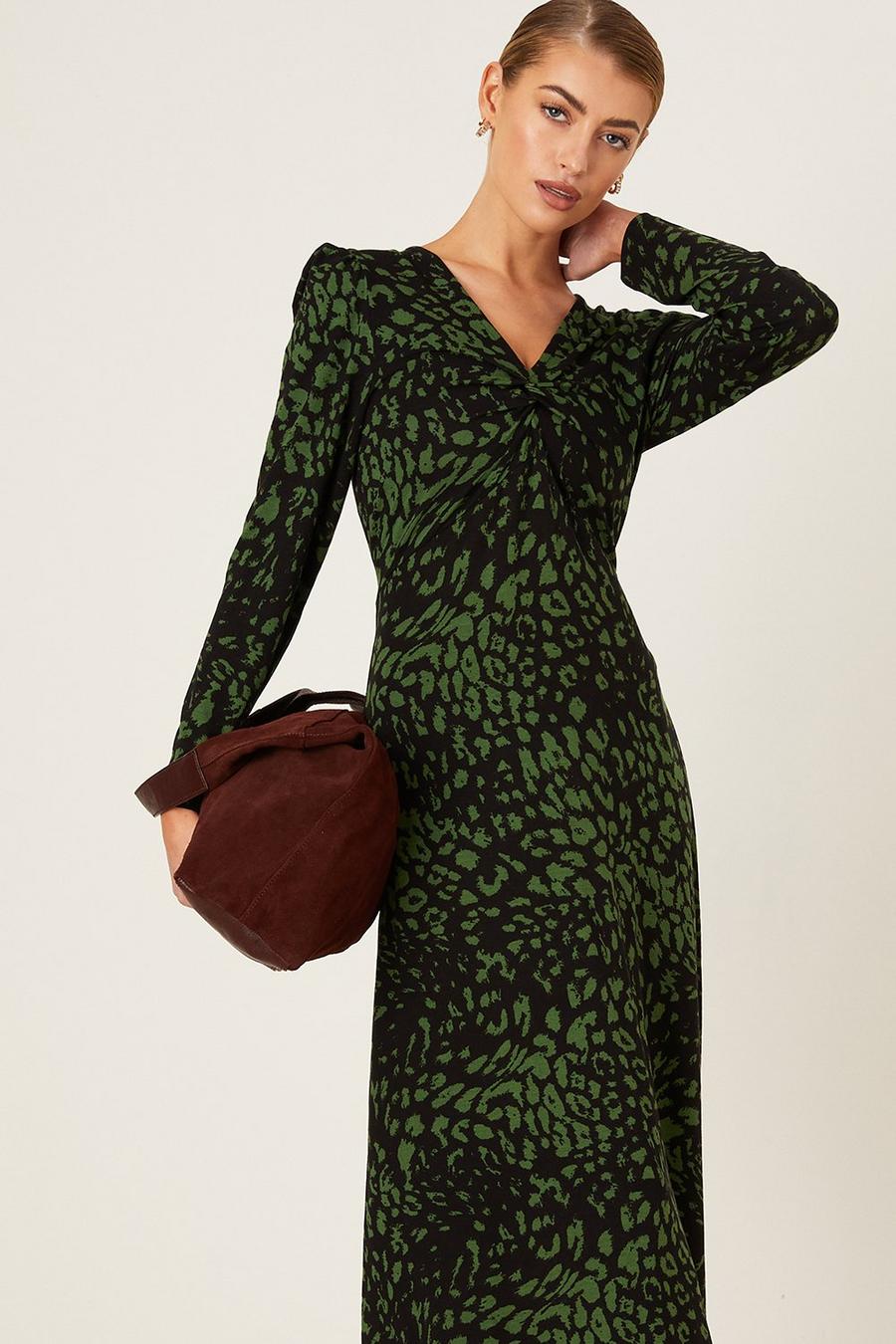 Petite Green Printed Knot Detail Midi Dress