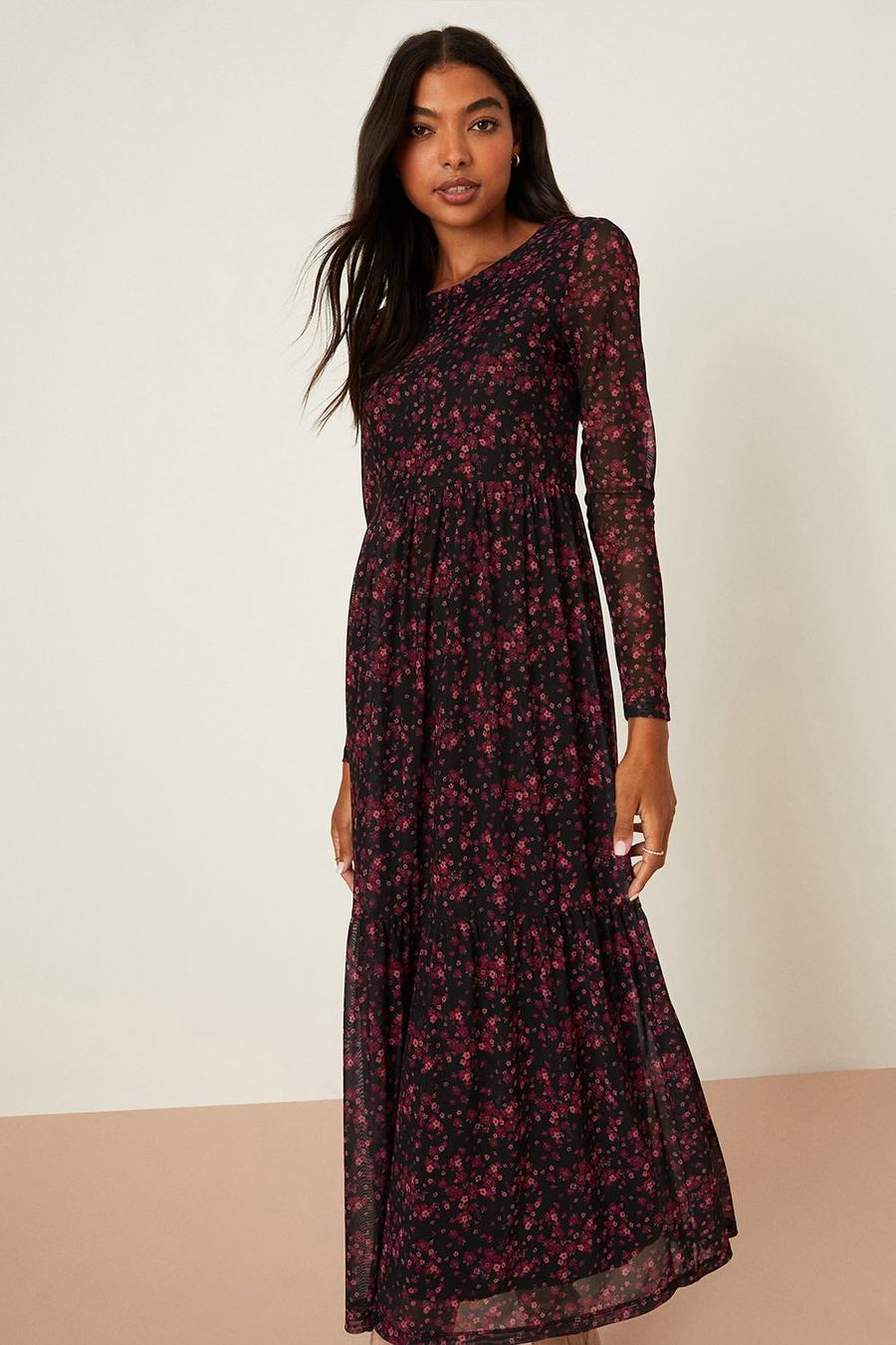 Ditsy Floral Mesh Tiered Midi Dress