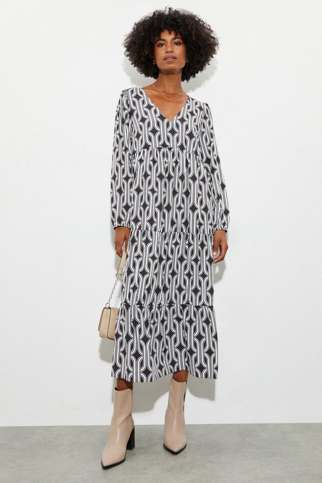 Maddie Mono Geo Long Sleeve Midi Dress image number 1