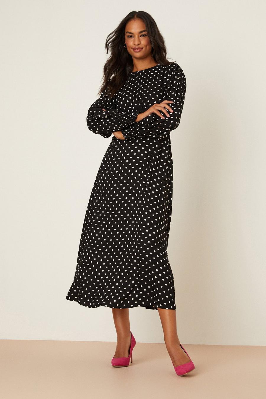 Black Spot Long Sleeve Shirred Cuff Midi Dress